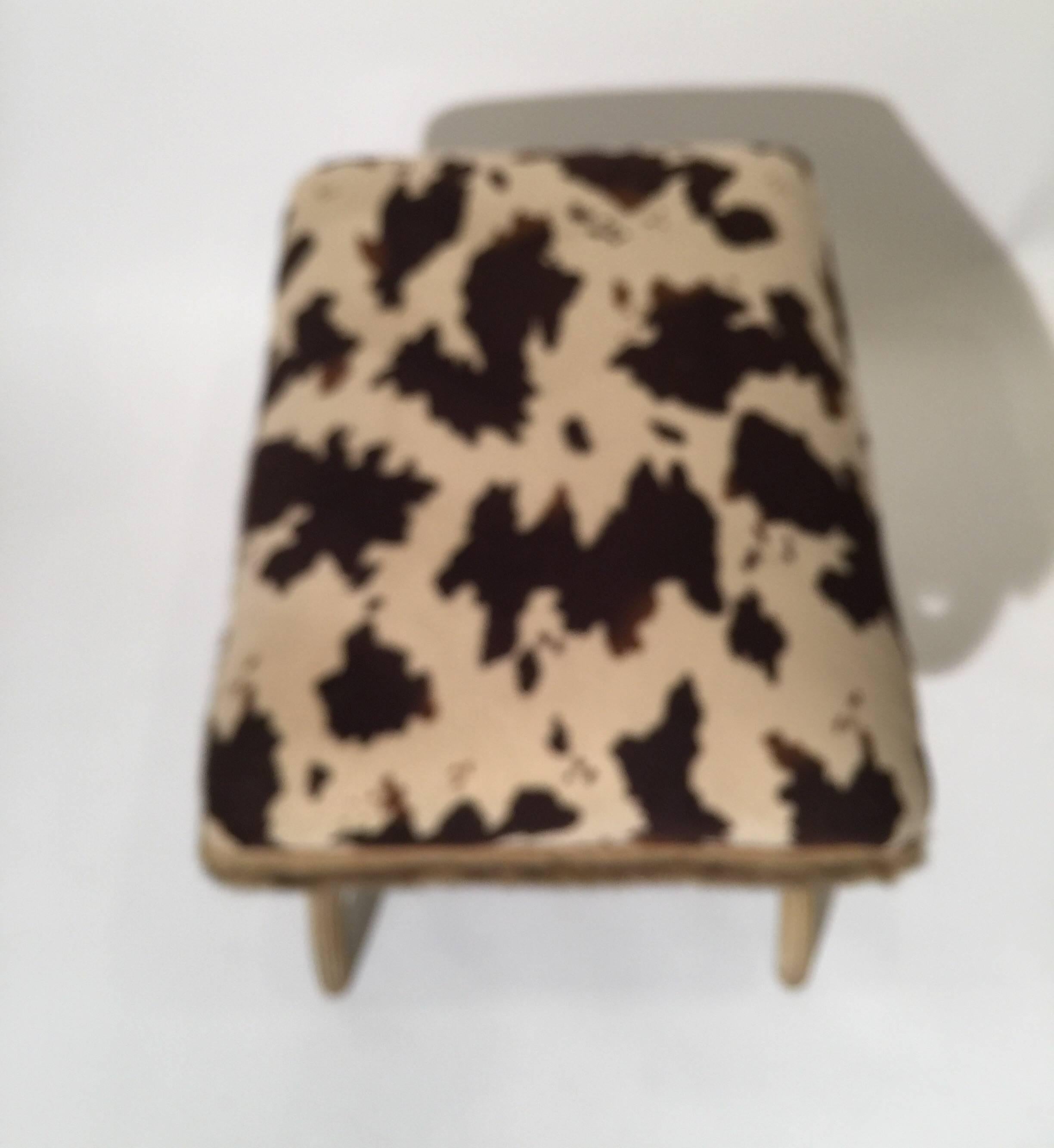 Fabric Midcentury Neoclassical X-Bench with Faux Cowhide Animal Print Upholstery