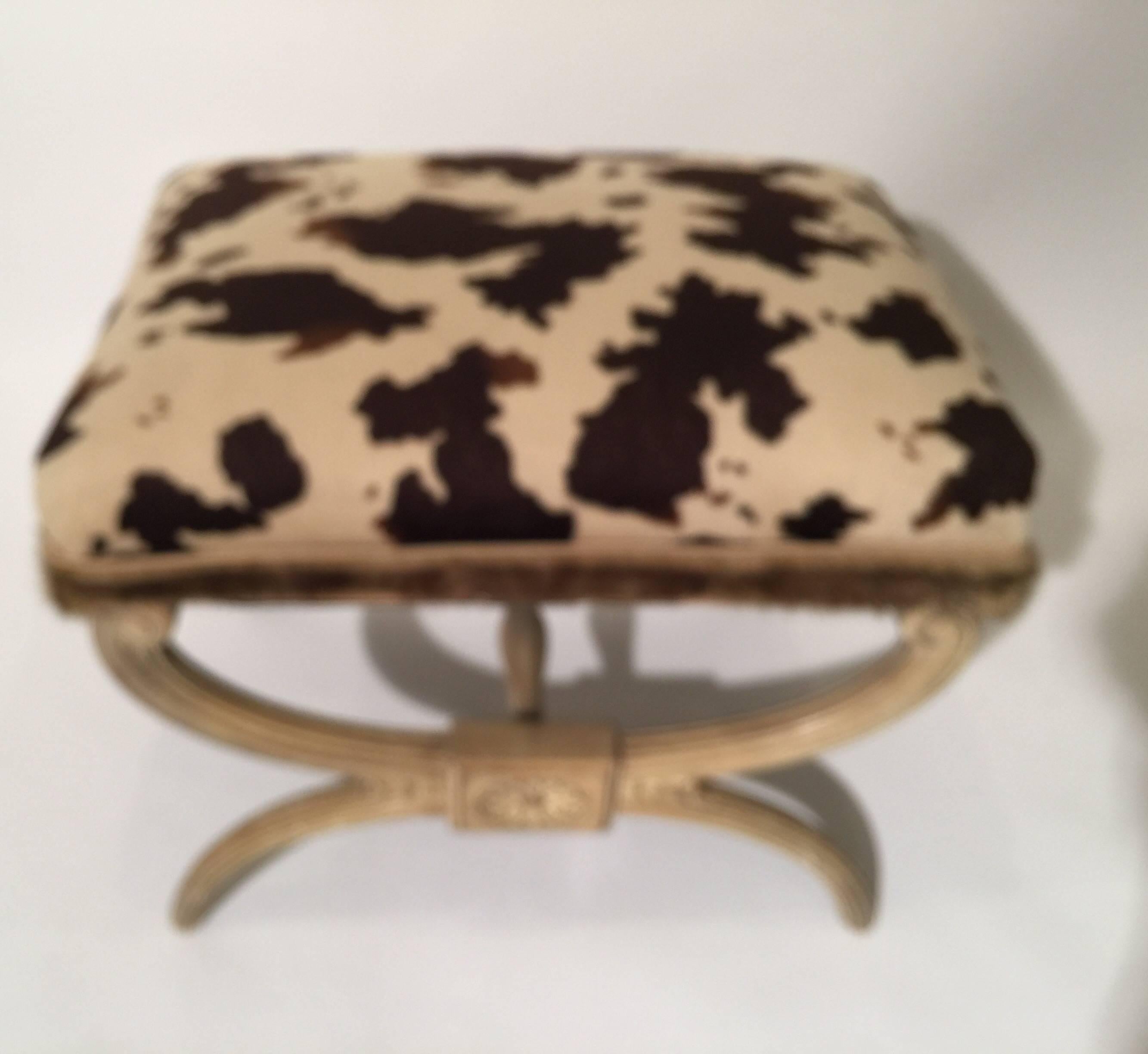 Midcentury Neoclassical X-Bench with Faux Cowhide Animal Print Upholstery 1