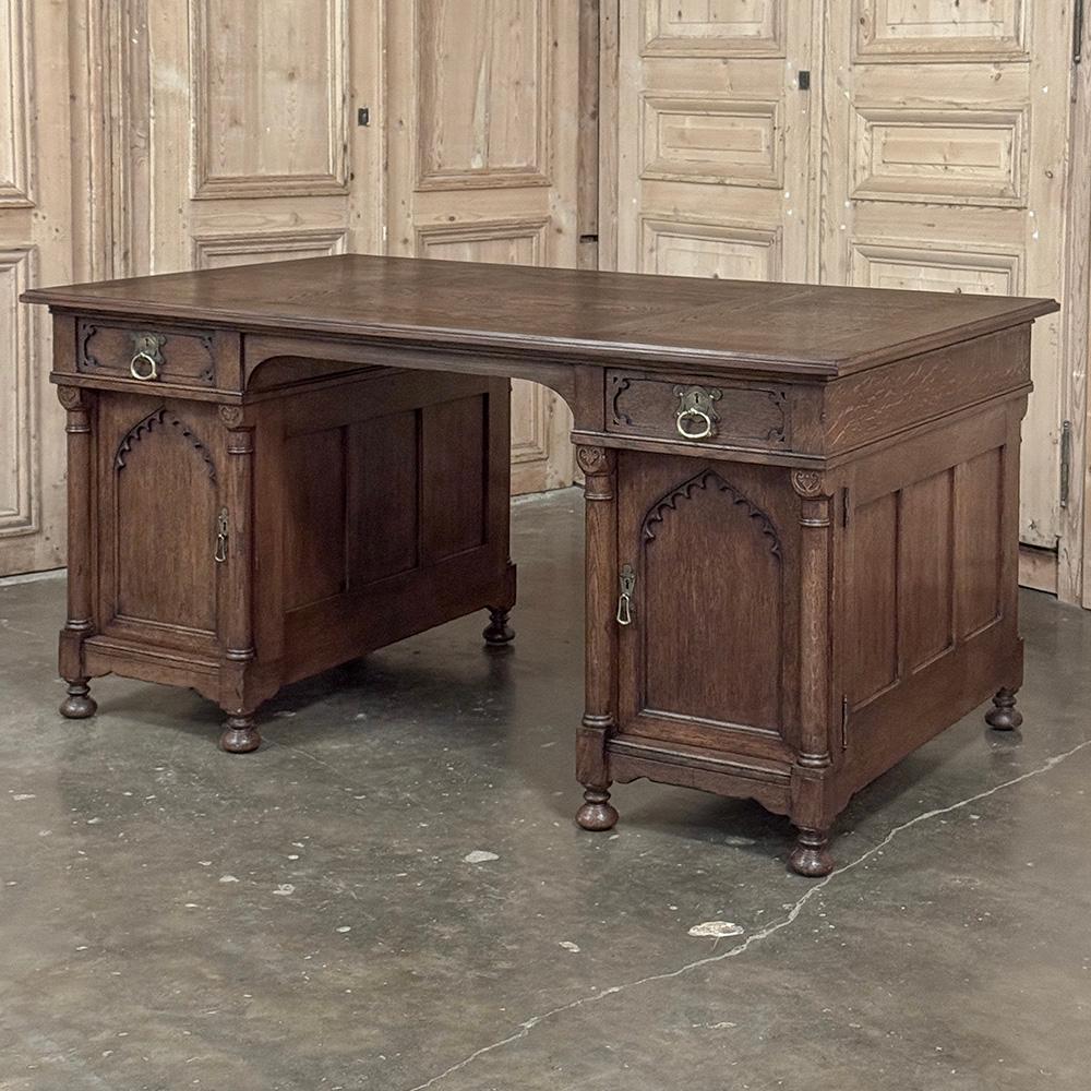 Mid-Century Neogothic Executive Desk by Jansen & Sons of Amsterdam is a splendid result of high-grade materials and expert craftsmanship producing heirloom-quality furnishings that can be enjoyed for generations!  The tailored lines of this design