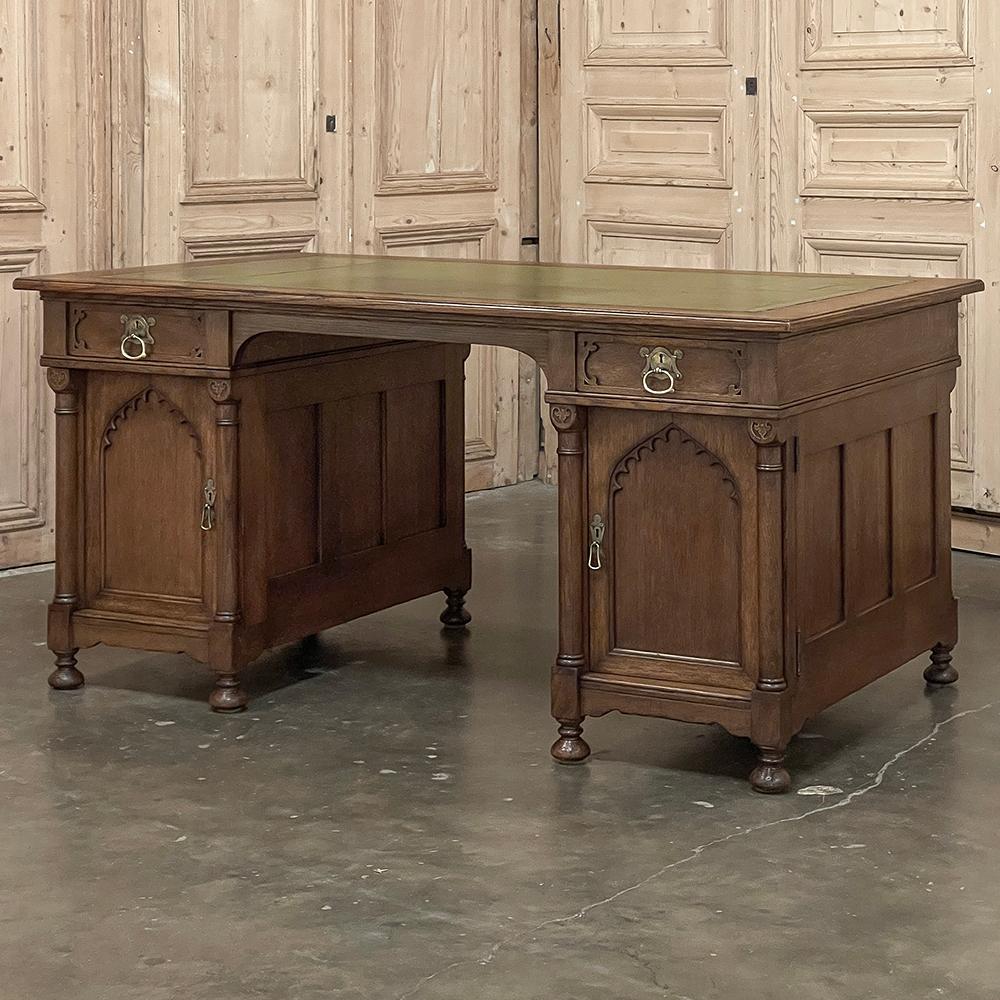 Gothic Revival Mid-Century Neogothic Leather Top Desk by Jansen & Sons of Amsterdam For Sale