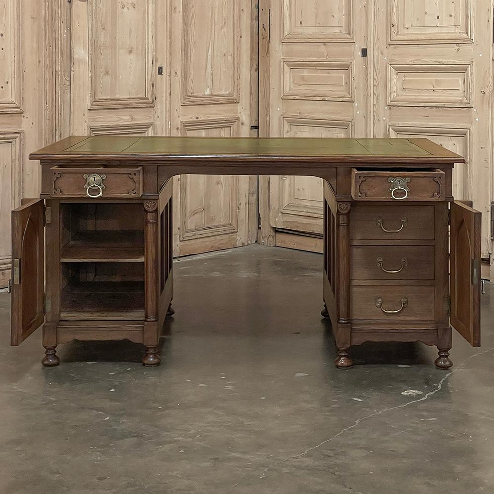 Dutch Mid-Century Neogothic Leather Top Desk by Jansen & Sons of Amsterdam For Sale