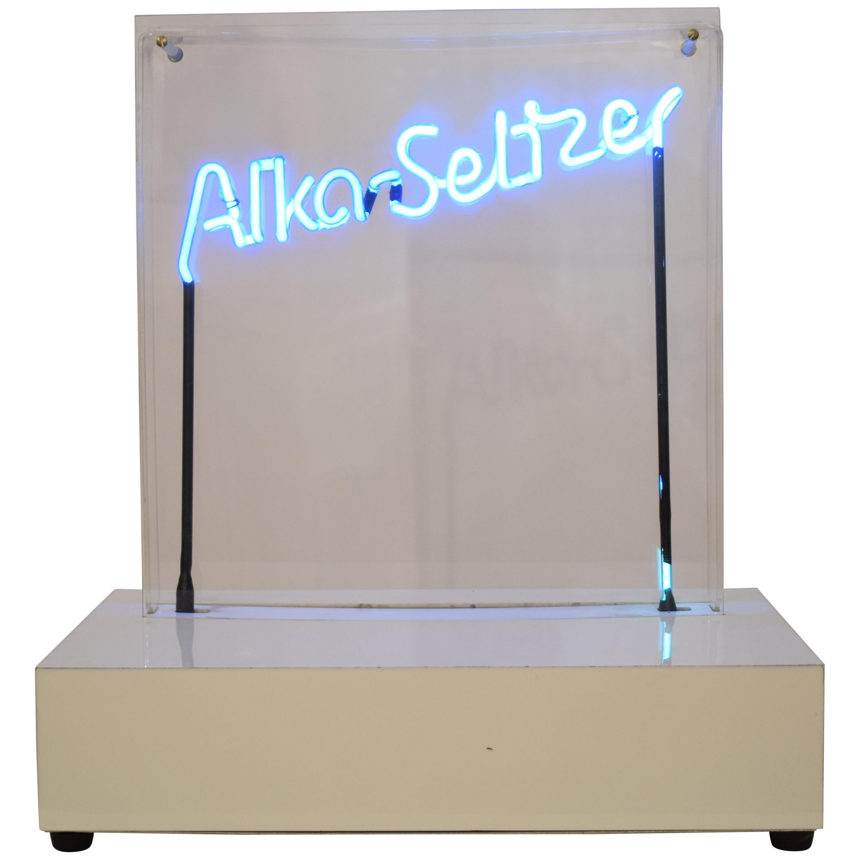 Midcentury Neon Sign Blue "Alka Seltzer" in a Acrylic Showcase, 1970s