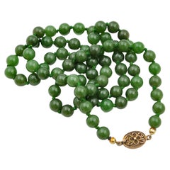 Vintage Nephrite Jade Long Single-Strand Beaded Necklace