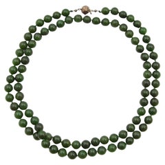 Mid-Century Nephrite Jade Silver Single-Strand Necklace