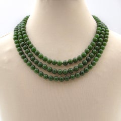Mid-Century Nephrite Jade Thee-Strand Beaded Necklace