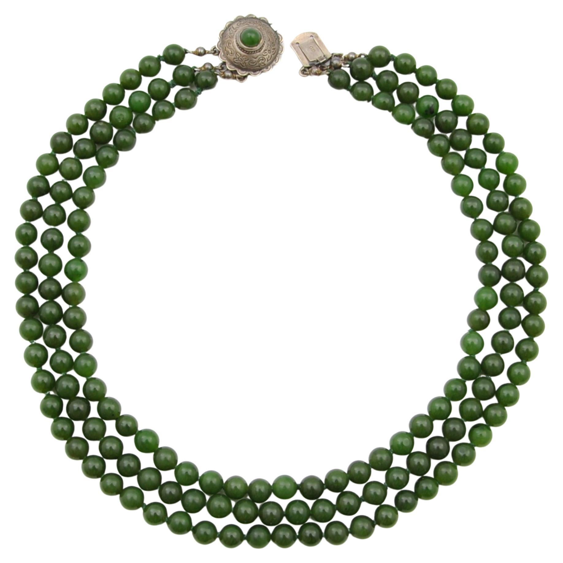 Mid-Century Nephrite Jade Thee-Strand Beaded Necklace For Sale
