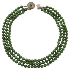 Retro Mid-Century Nephrite Jade Thee-Strand Beaded Necklace