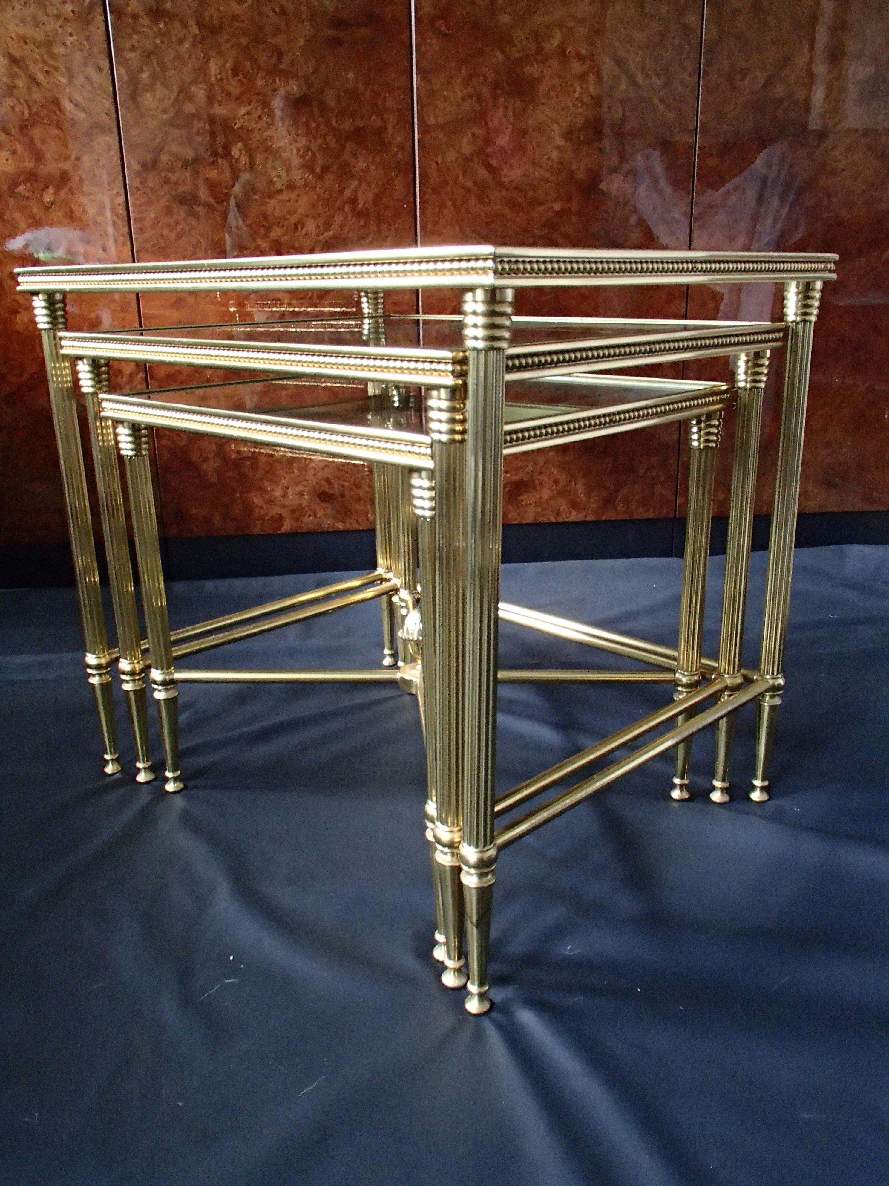 Mid Century Nest of Tables 3 Brass Glass and Mirror Frame Maison Bagues For Sale 4