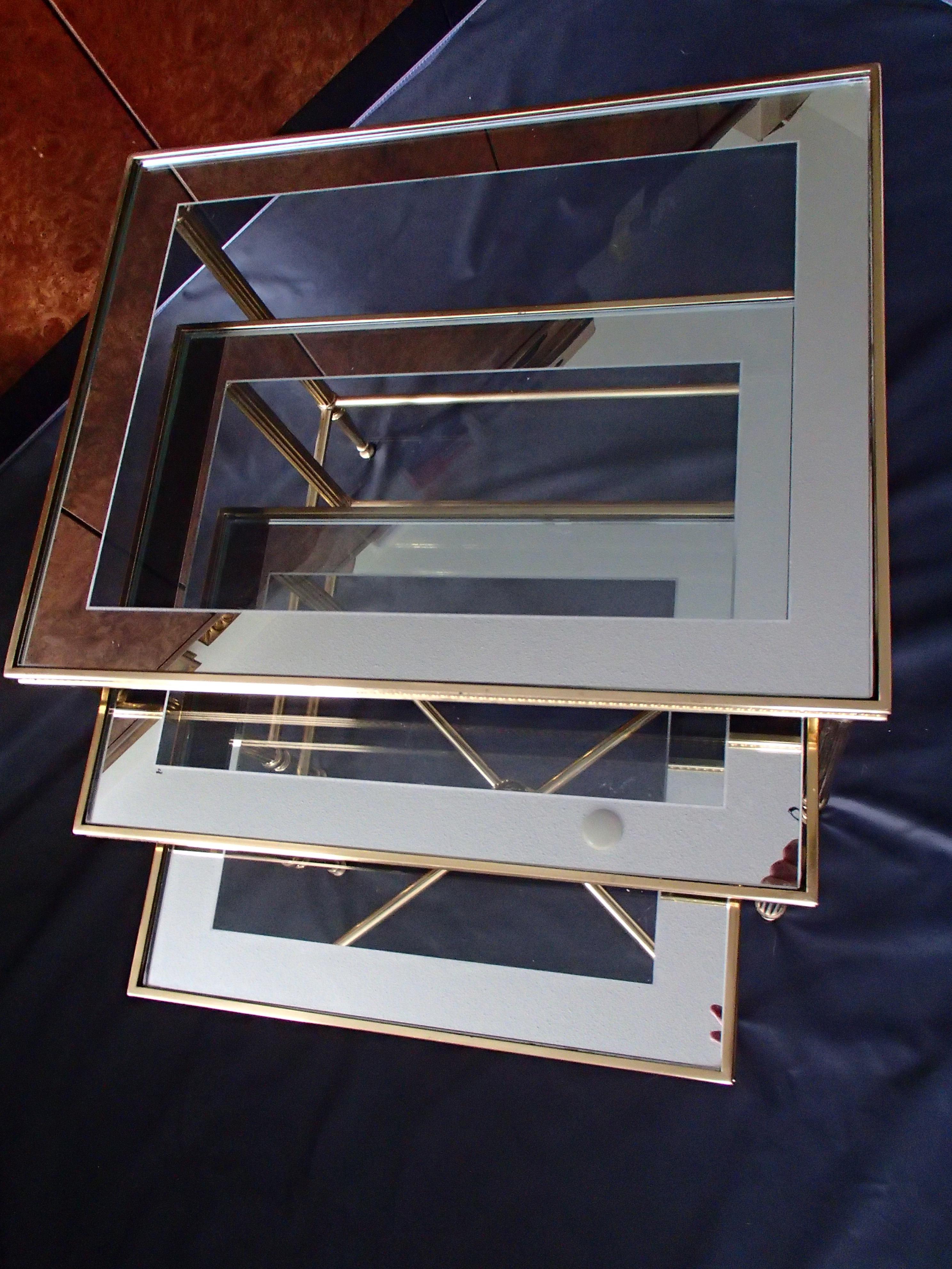 Mid Century Nest of Tables 3 Brass Glass and Mirror Frame Maison Bagues For Sale 6