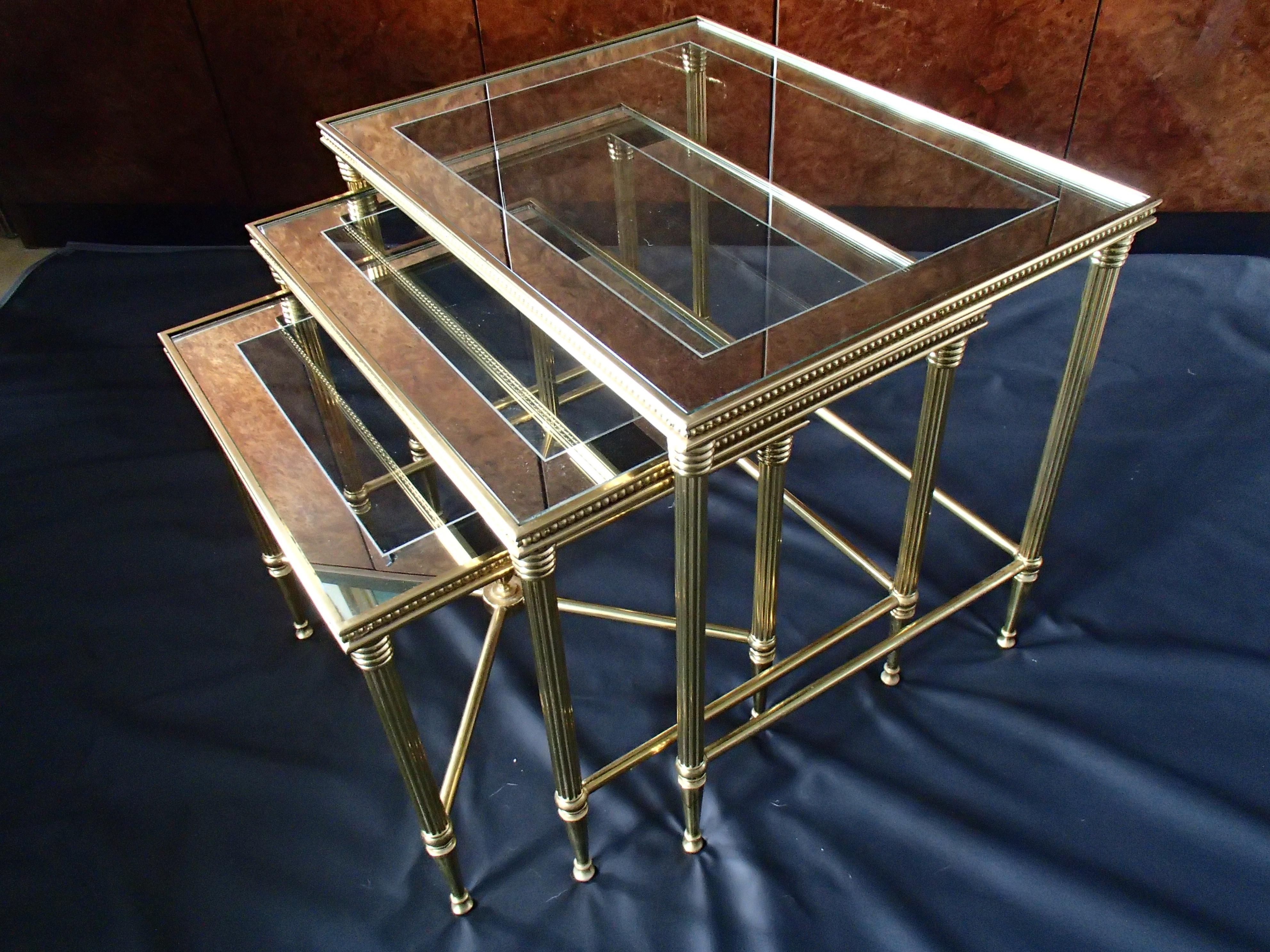 Mid Century Nest of Tables 3 Brass Glass and Mirror Frame Maison Bagues For Sale 8