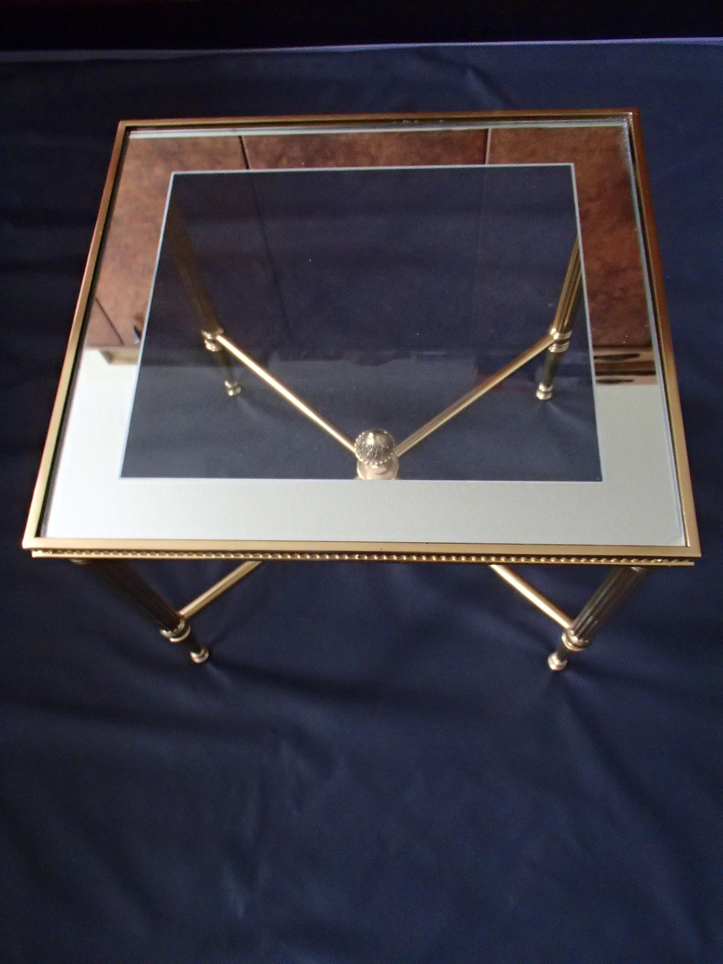 French Mid Century Nest of Tables 3 Brass Glass and Mirror Frame Maison Bagues For Sale
