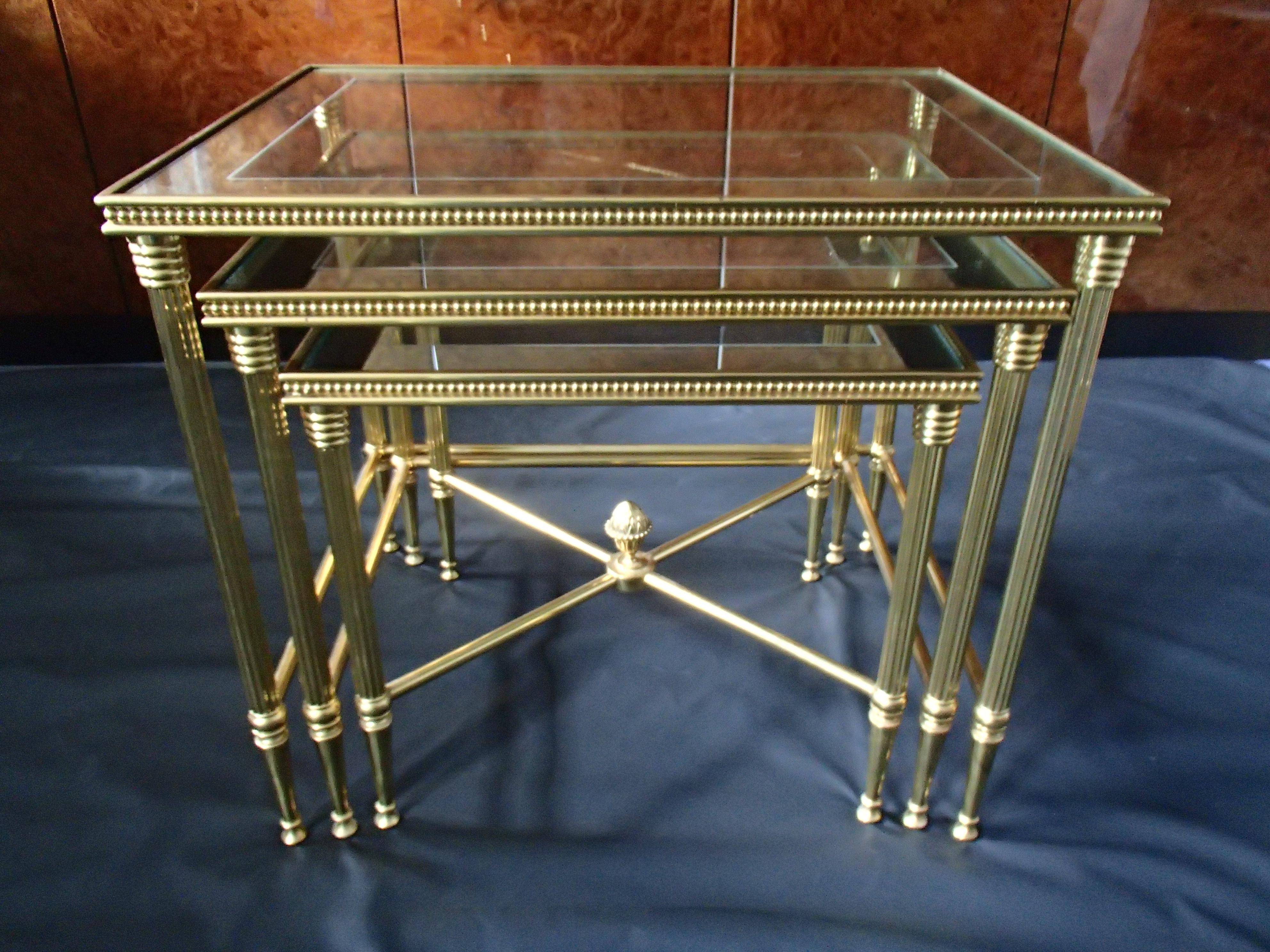 Mid Century Nest of Tables 3 Brass Glass and Mirror Frame Maison Bagues For Sale 2