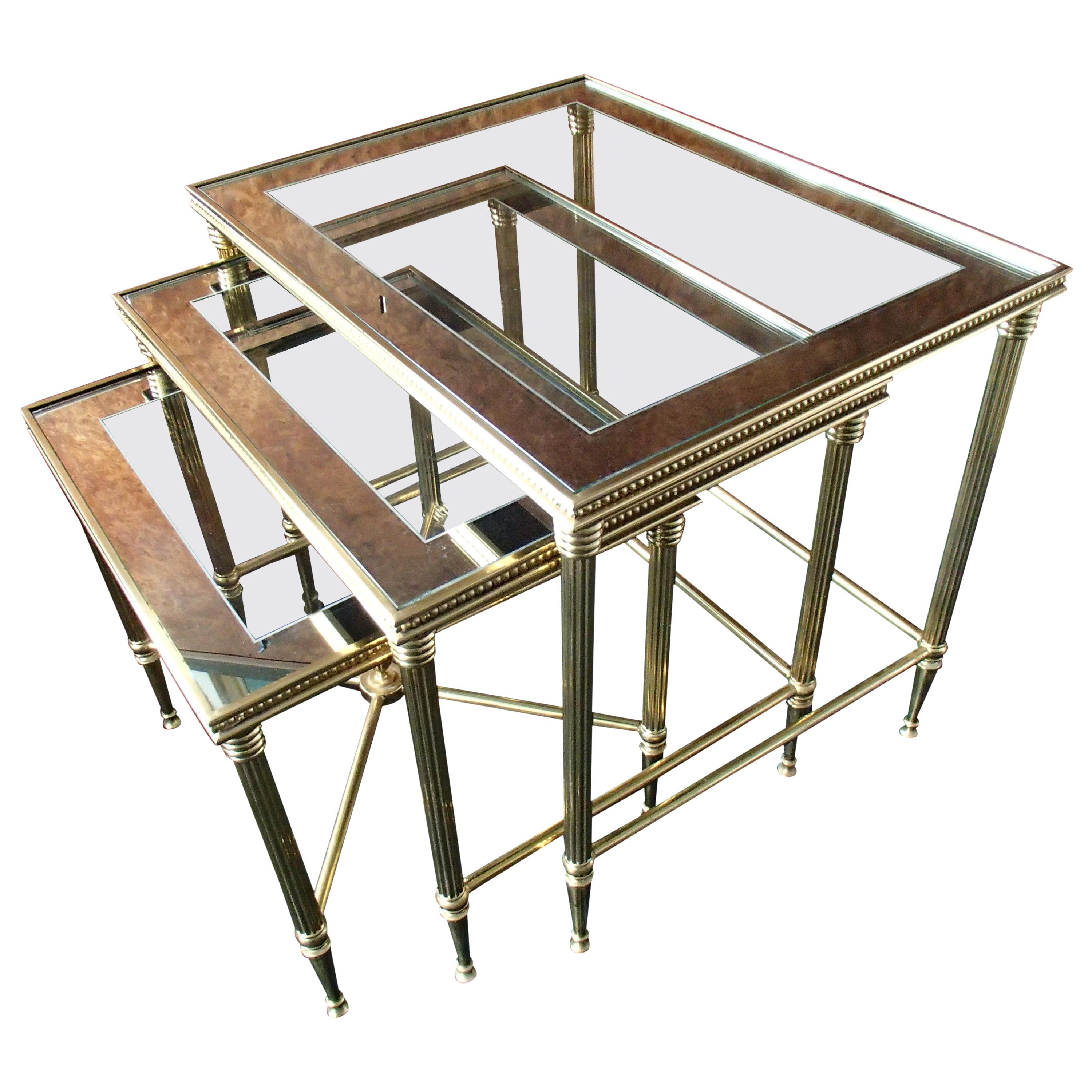 Mid Century Nest of Tables 3 Brass Glass and Mirror Frame Maison Bagues For Sale
