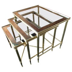 Retro Mid Century Nest of Tables 3 Brass Glass and Mirror Frame Maison Bagues