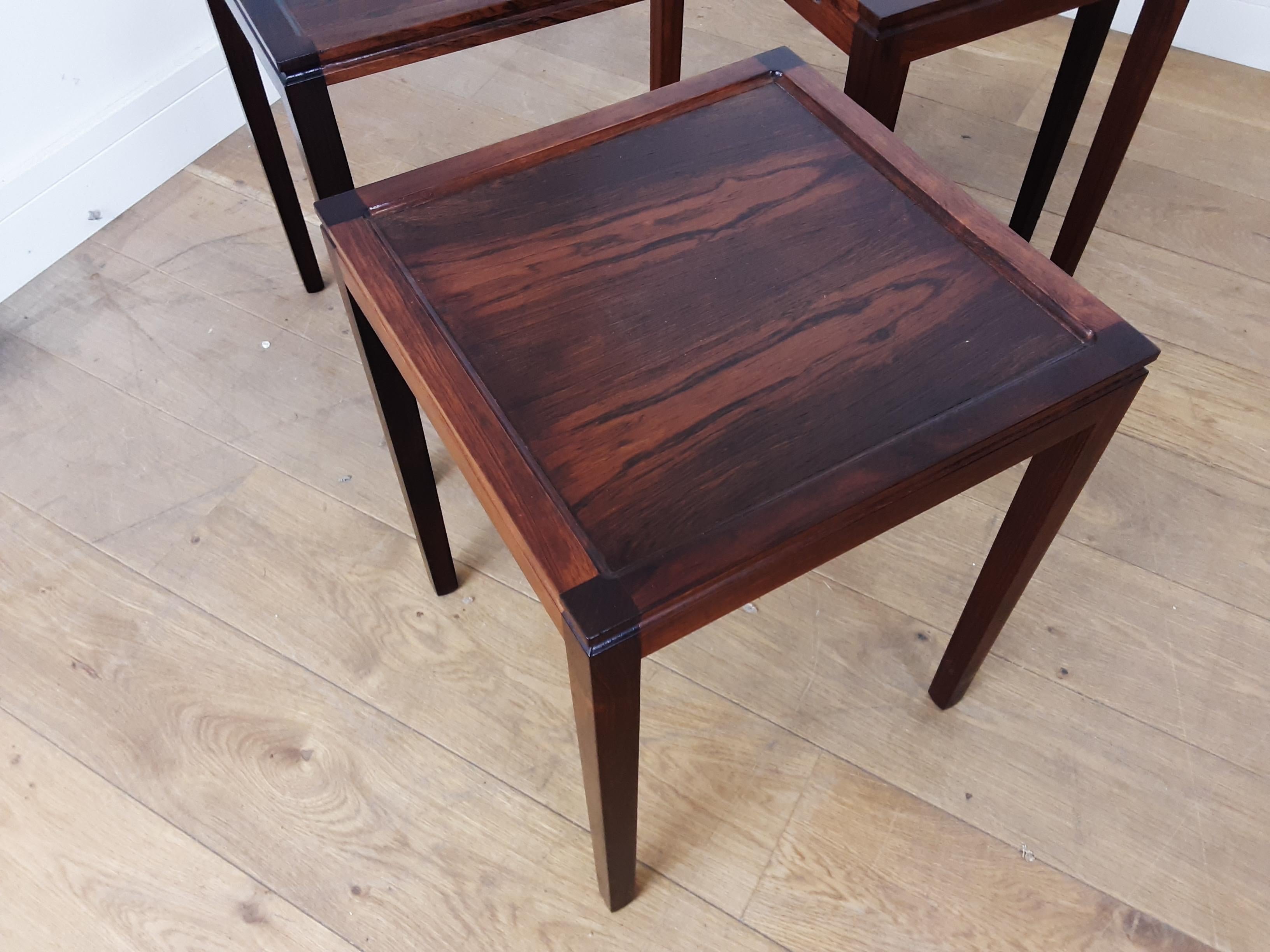 Midcentury Nest of Tables in Deep Brown Figured Rosewood circa 1960 from Denmark For Sale 2