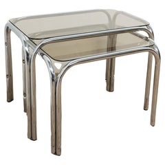 Mid Century Nest of Tables  Smoked Glass and Chrome Effect Legs