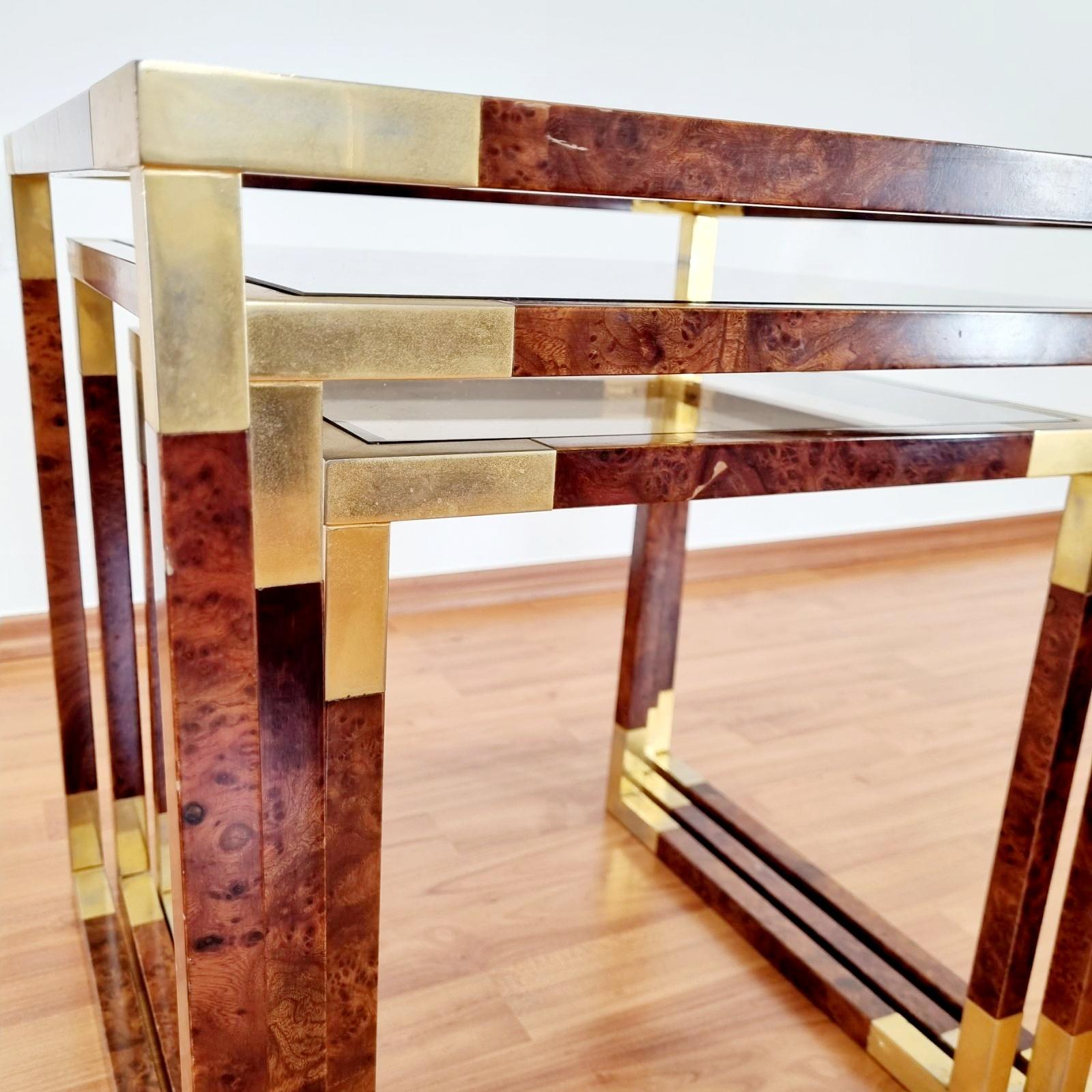 Midcentury Nesting Brass and Briar Coffee Tables, Italy, 1970s For Sale 4