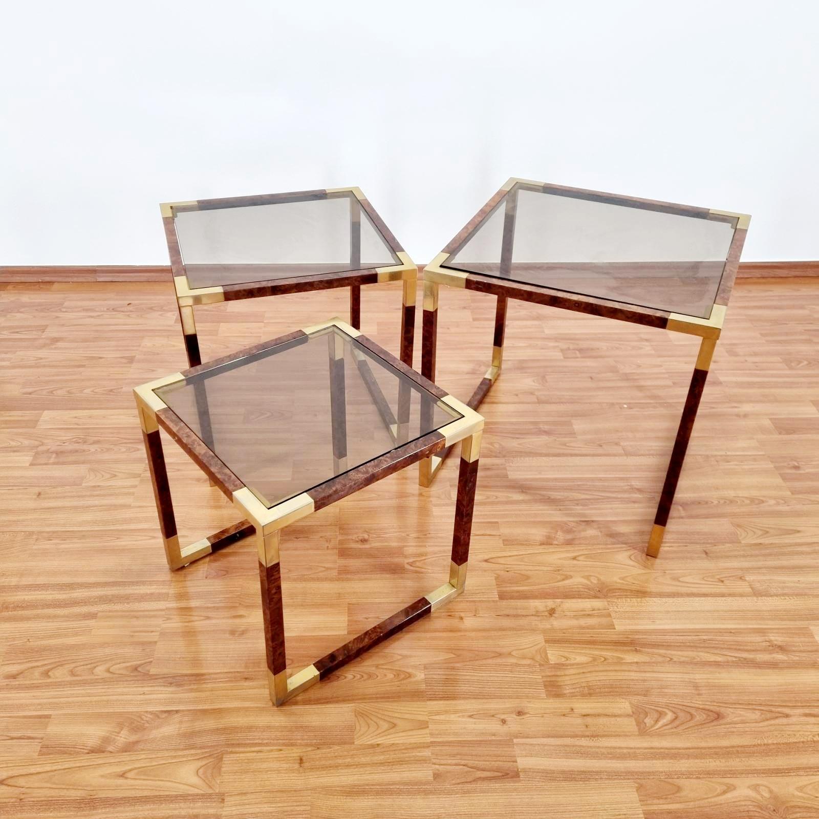 Mid-Century Modern Midcentury Nesting Brass and Briar Coffee Tables, Italy, 1970s For Sale