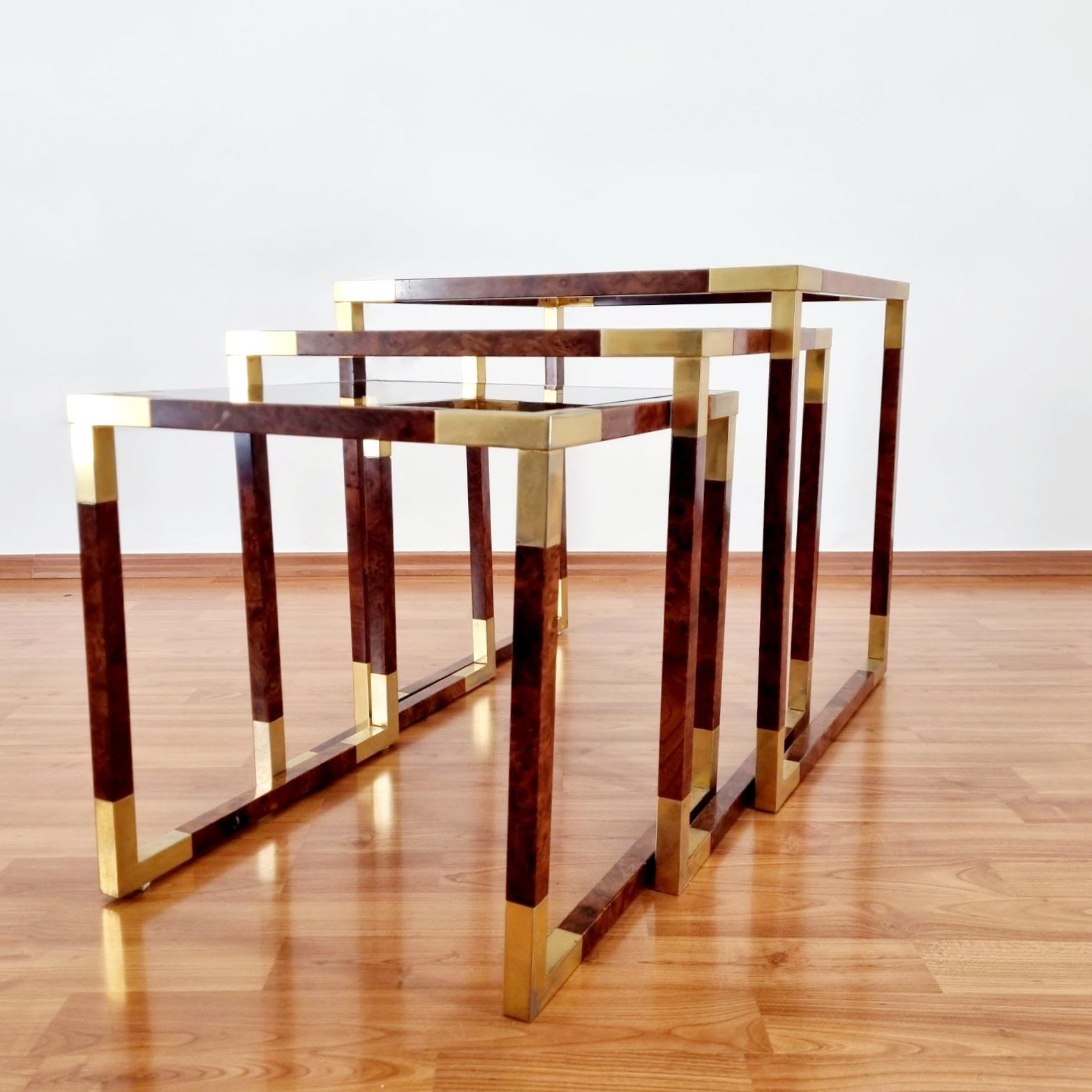 Italian Midcentury Nesting Brass and Briar Coffee Tables, Italy, 1970s For Sale