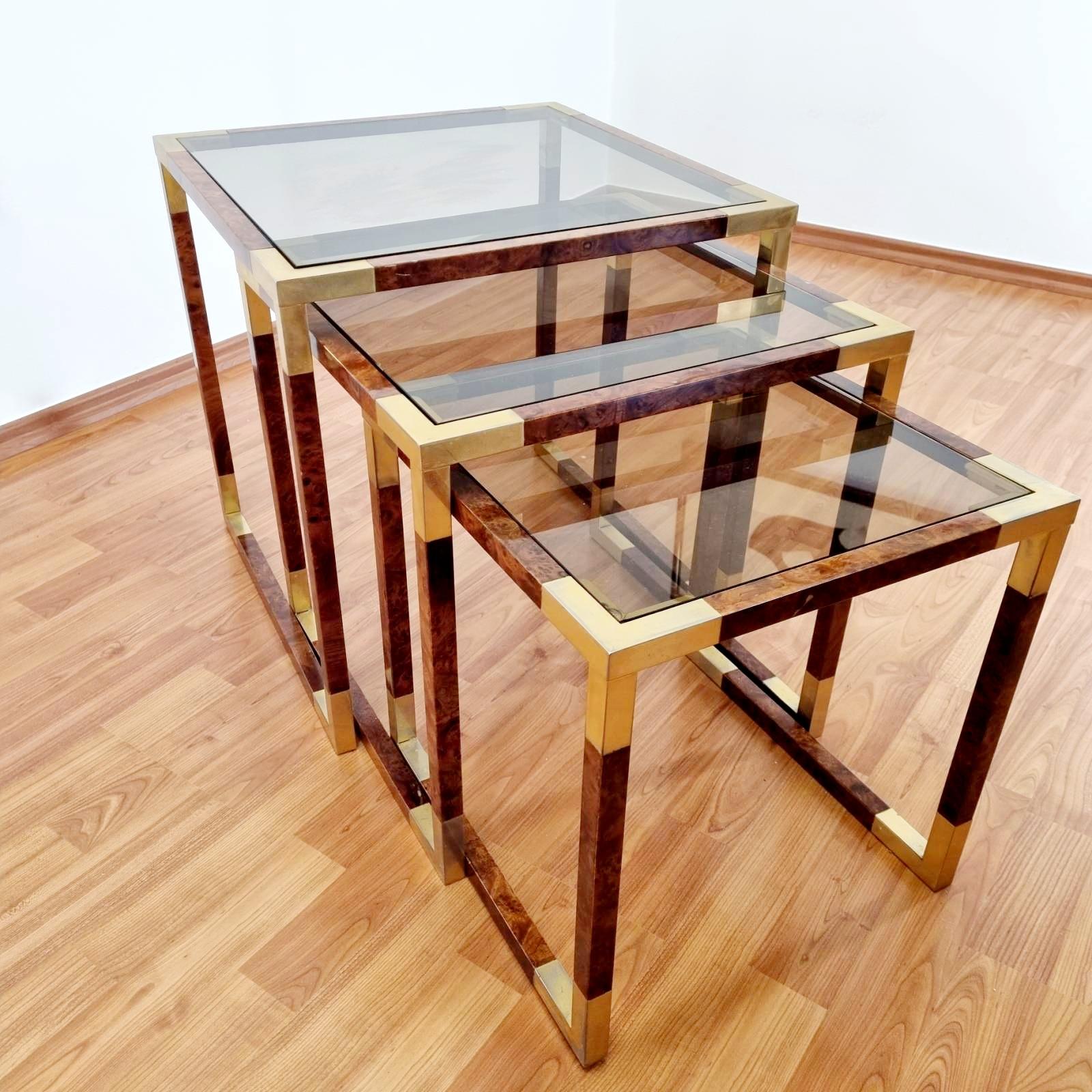 Midcentury Nesting Brass and Briar Coffee Tables, Italy, 1970s In Good Condition For Sale In Lucija, SI
