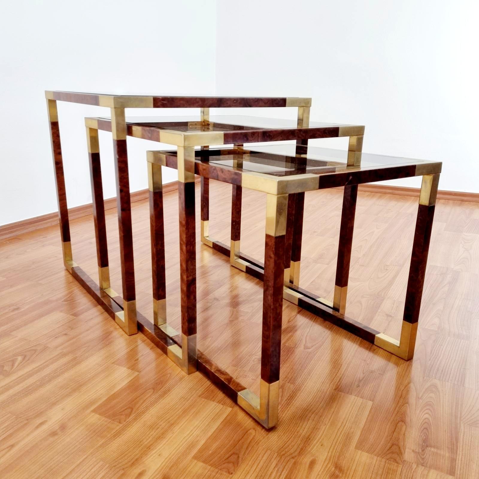 Late 20th Century Midcentury Nesting Brass and Briar Coffee Tables, Italy, 1970s For Sale
