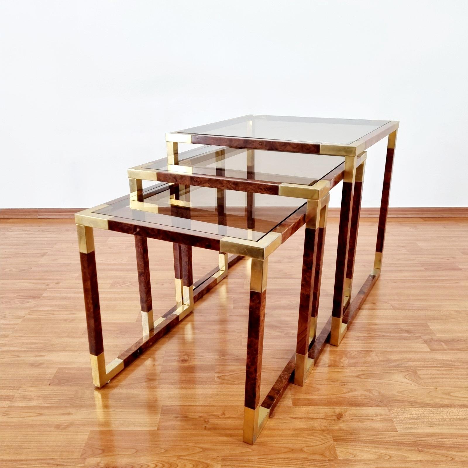 Midcentury Nesting Brass and Briar Coffee Tables, Italy, 1970s For Sale 1