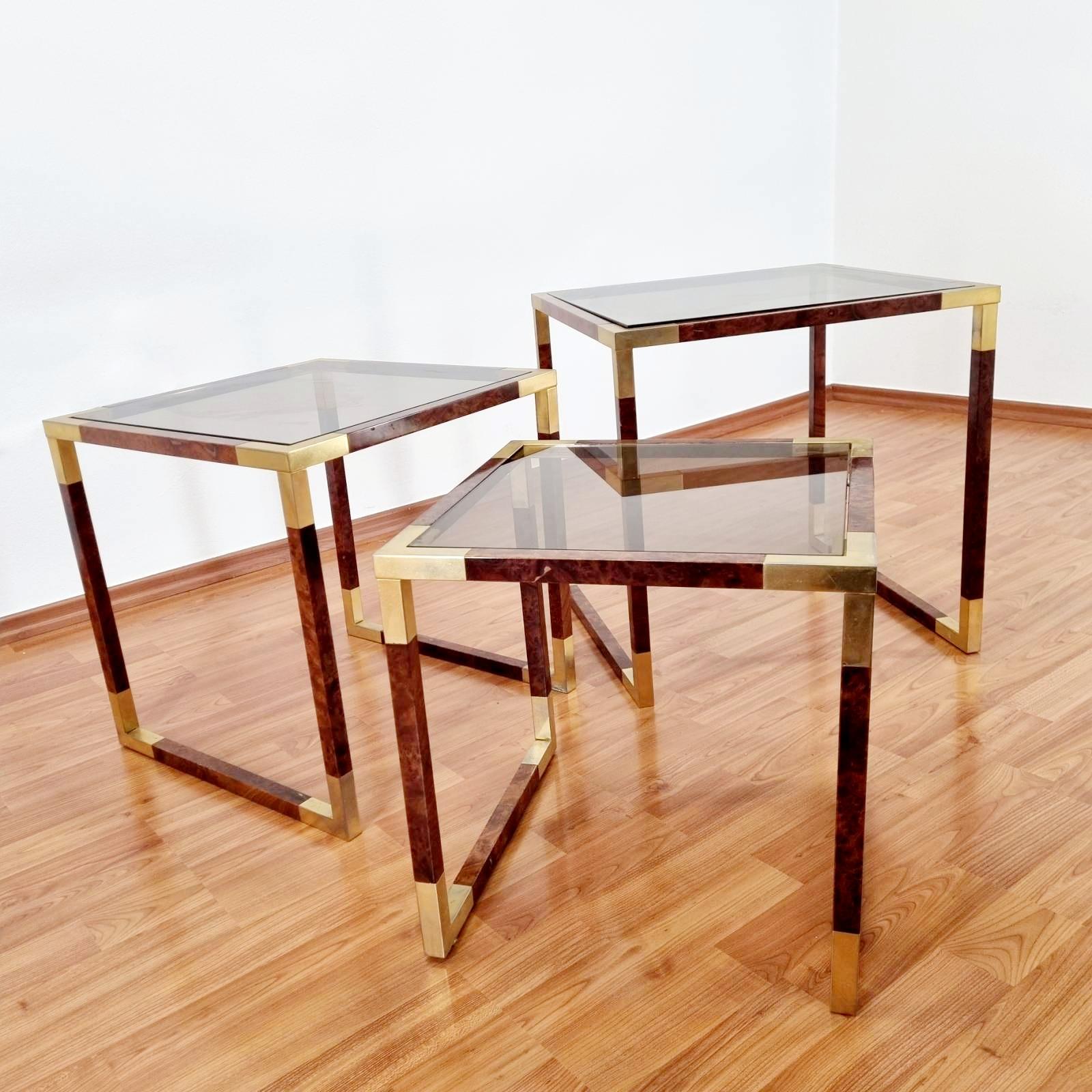 Midcentury Nesting Brass and Briar Coffee Tables, Italy, 1970s For Sale 2