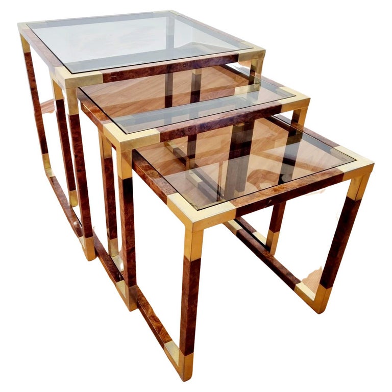 Mid Century Nesting Brass and Briar Coffee Tables, Italy 70s For Sale