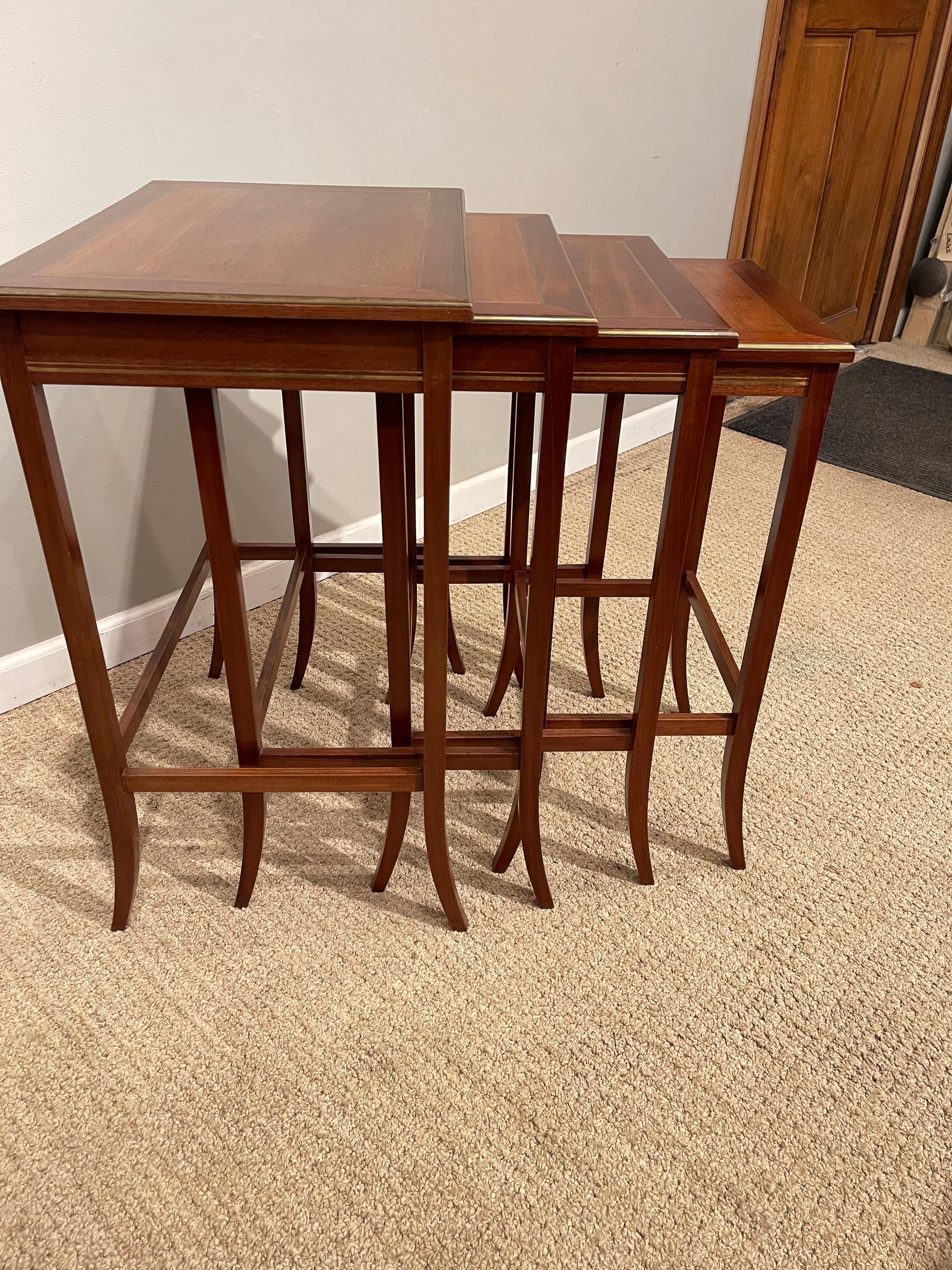 Mid Century Nesting Tables, Mahogany & Brass Bound & Brass Inlay In Good Condition In New York, NY