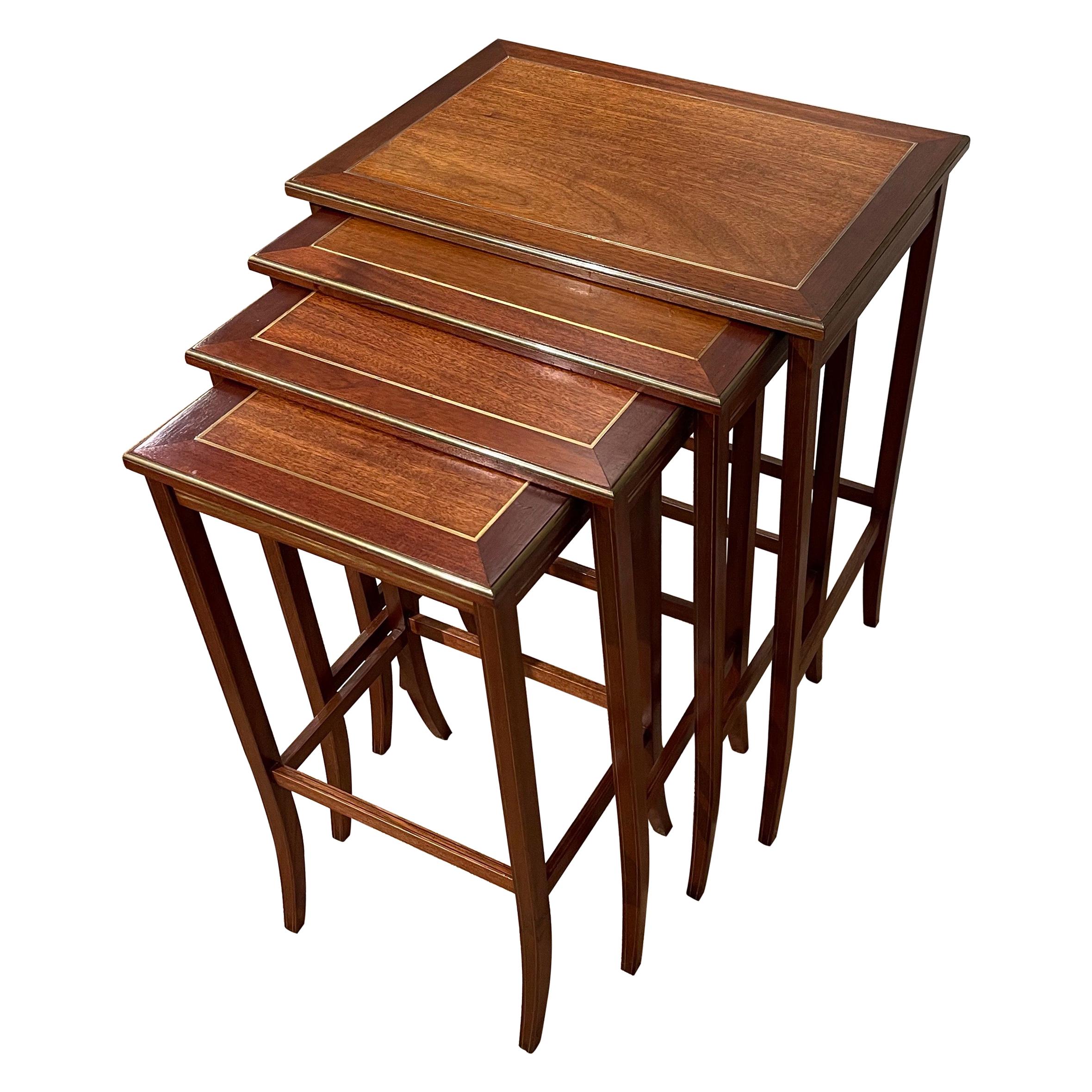 Mid Century Nesting Tables, Mahogany & Brass Bound & Brass Inlay