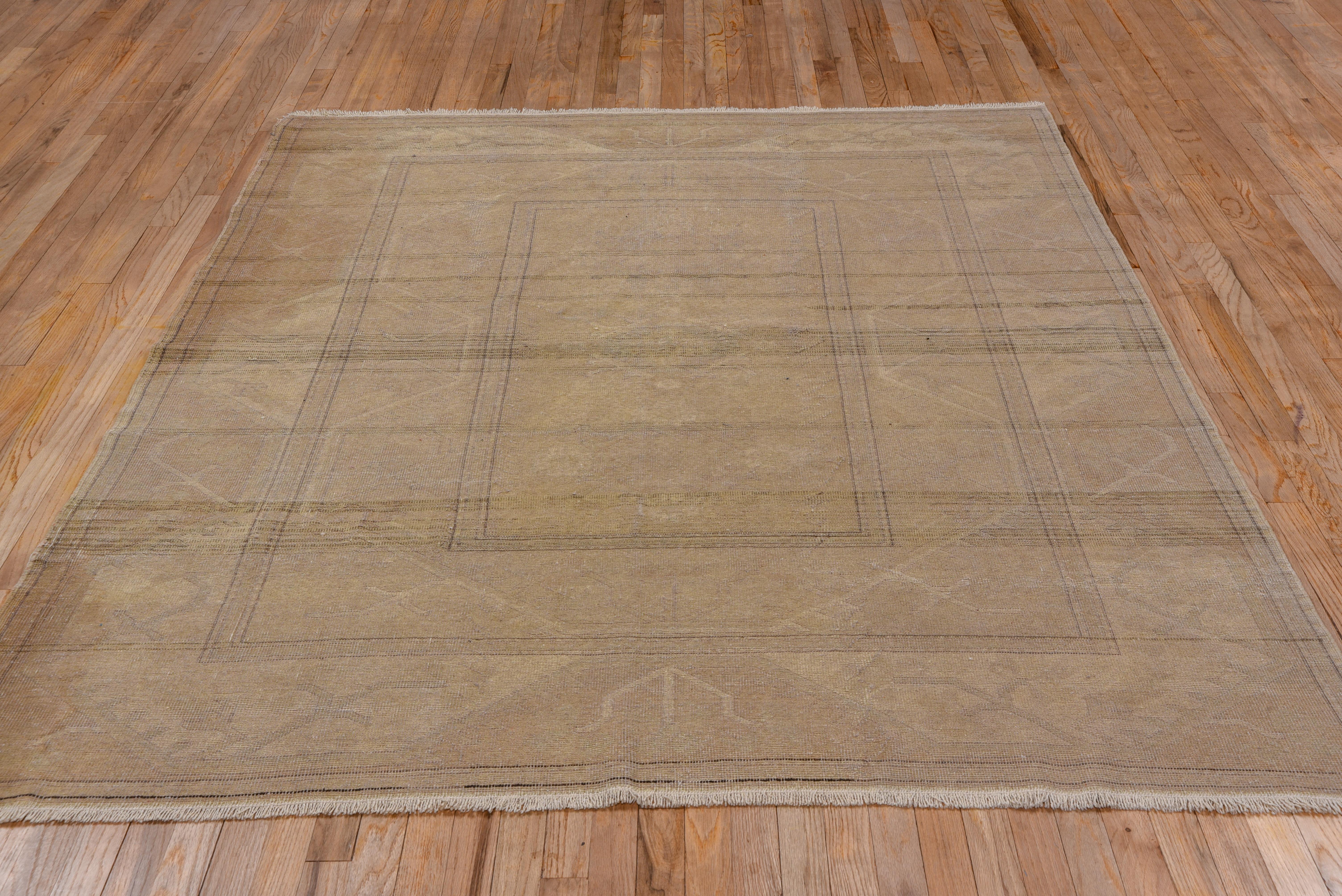 Mid-20th Century Midcentury Neutral and Yellow Turkish Oushak Square Rug, Medium Pile For Sale