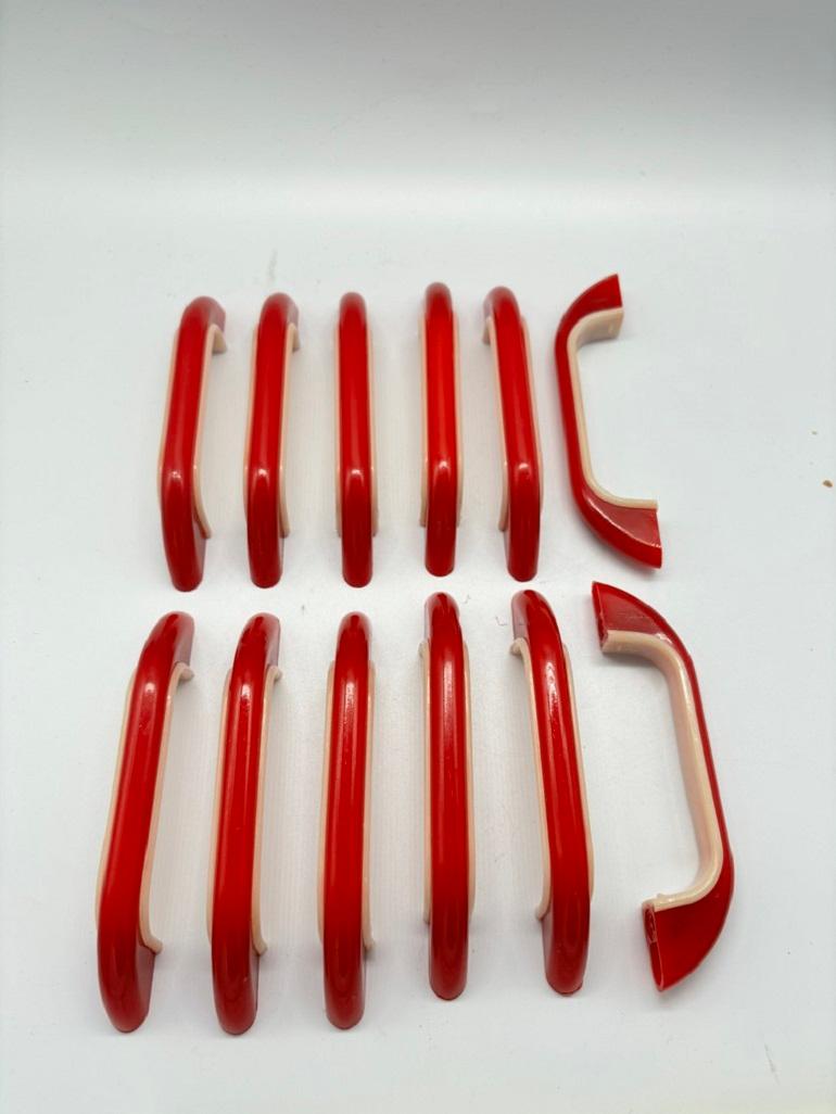 Mid Century Never Used Dead Stock Red & Ivory Bakelite Drawer Handles In Excellent Condition In Van Nuys, CA