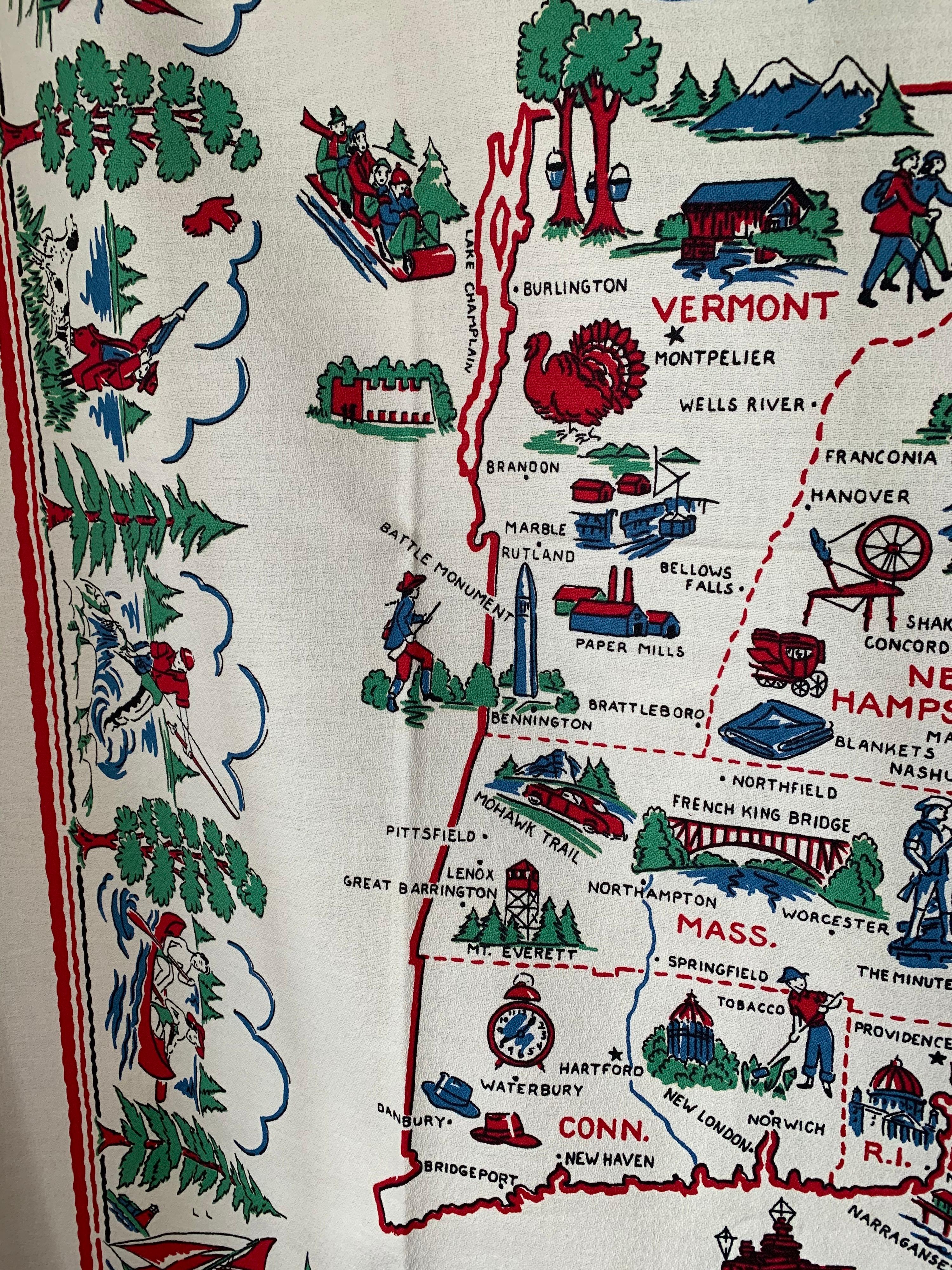 Mid-Century New England Souvenir Table Cloth In Good Condition For Sale In Stamford, CT