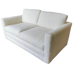 Mid Century Newly Reupholstered Sofa Loveseat Done in Boucle Fabric for Brickel