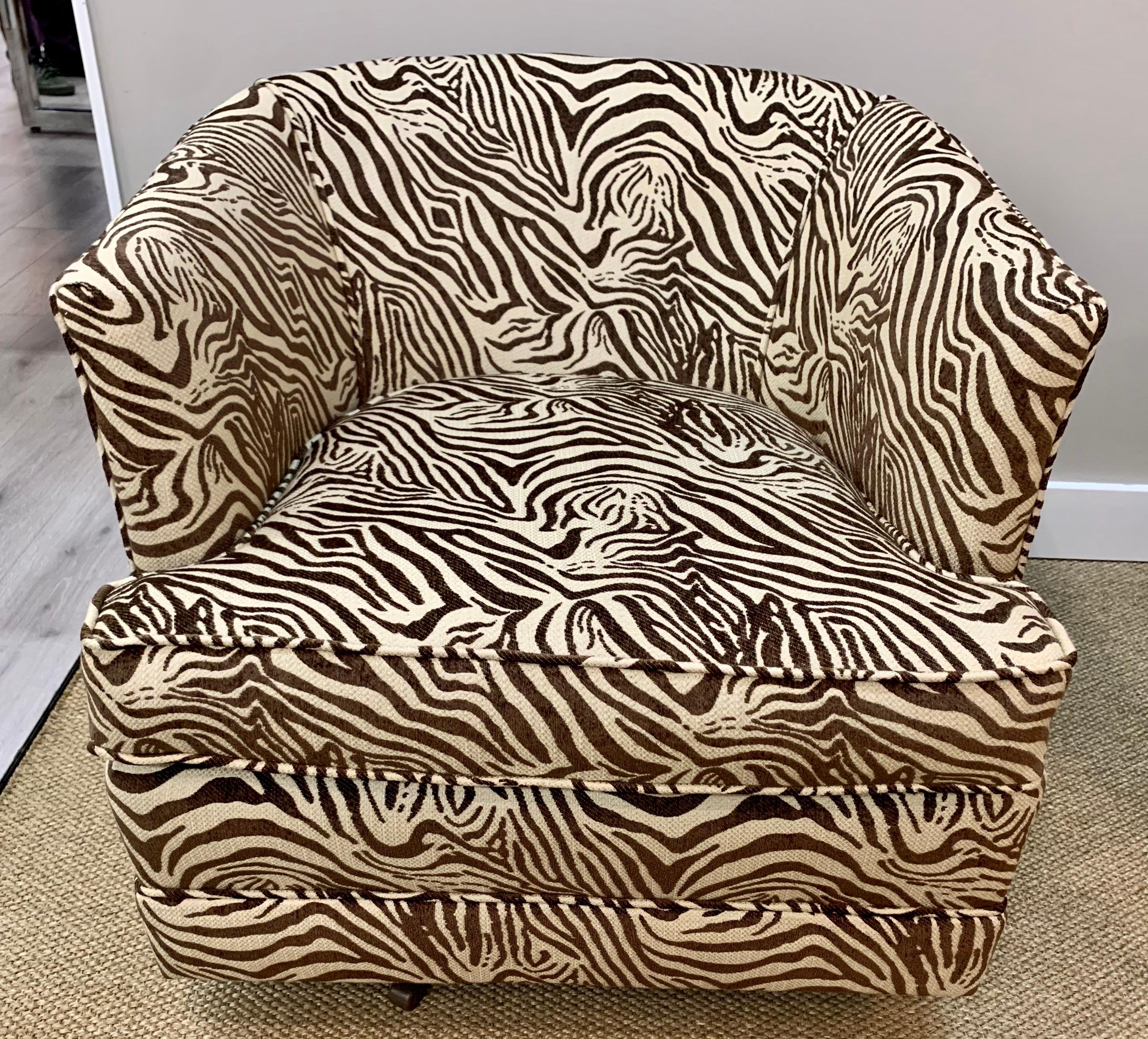 Fabric Mid Century Newly Upholstered Swivel Chairs in Zebra Print