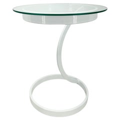 Vintage Mid-Century Newly White Powder-Coated Glass Top Side Table