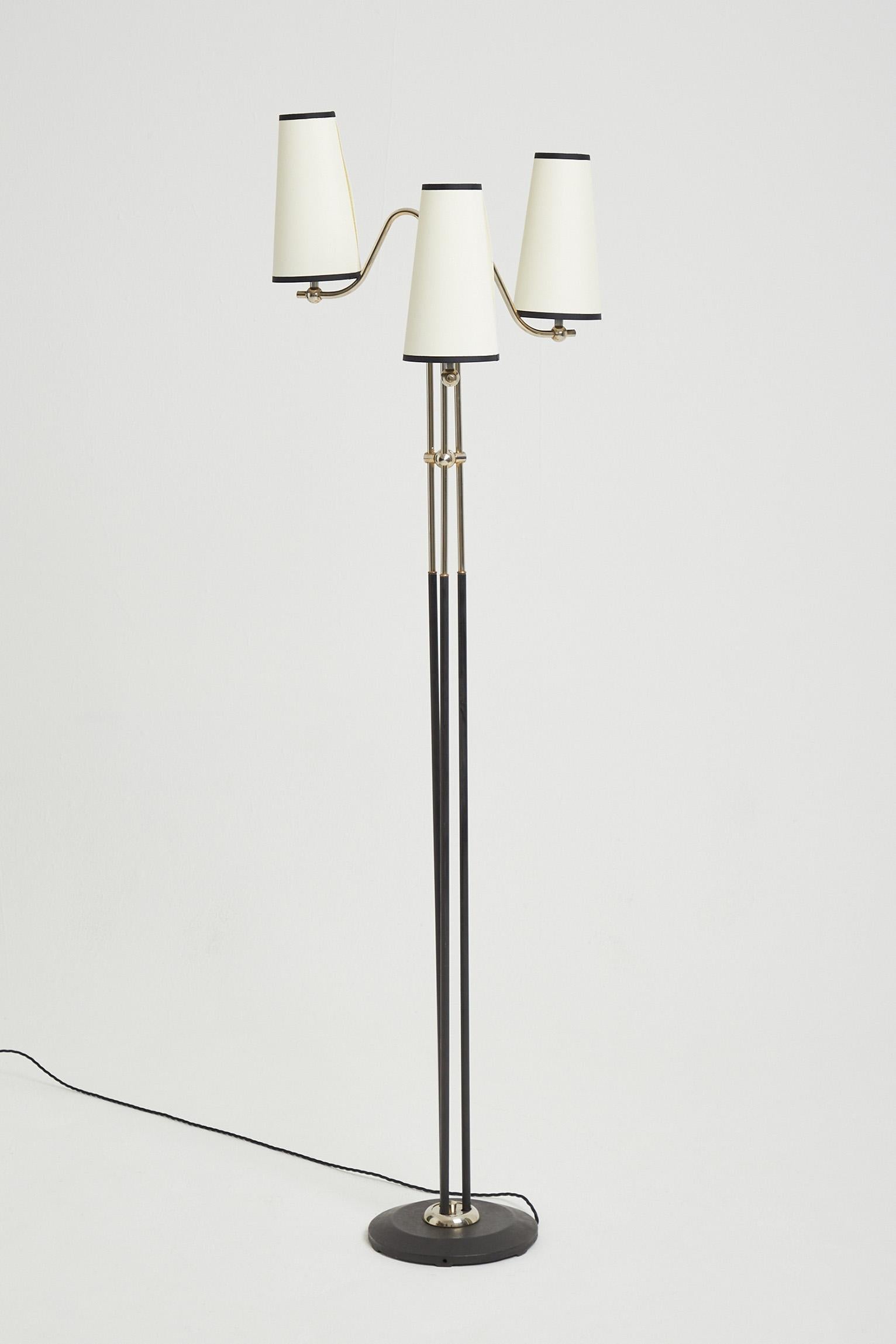 French Mid-Century Nickel and Black Three-Arm Floor Lamp