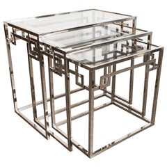 Midcentury Nickel Nesting Tables with Greek Key Detailing and Mirrored Border