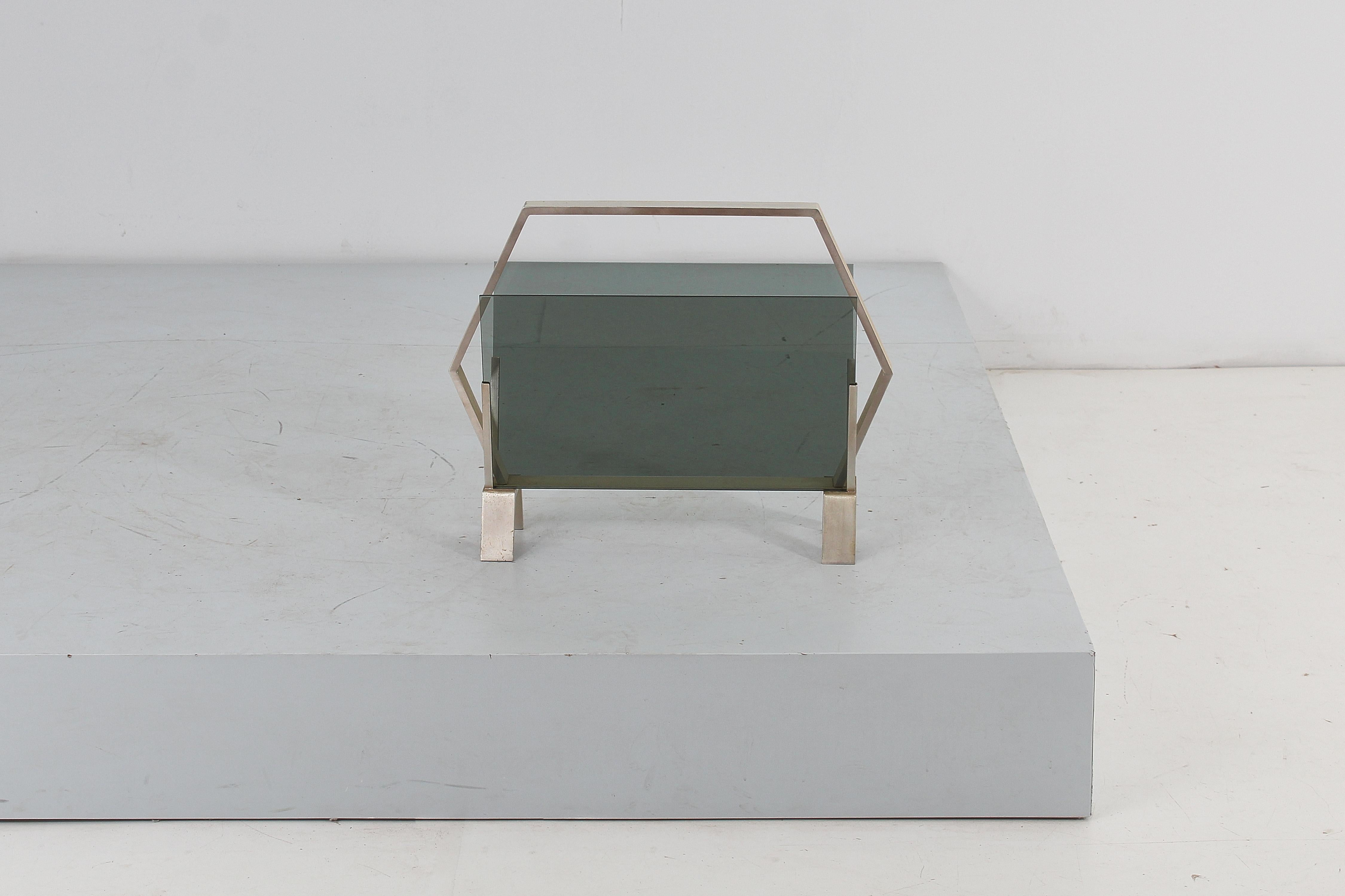 Mid-20th Century Midcentury Nickel-Plated Brass and Smoked Glass Magazine Rack, Italy, 1960s For Sale