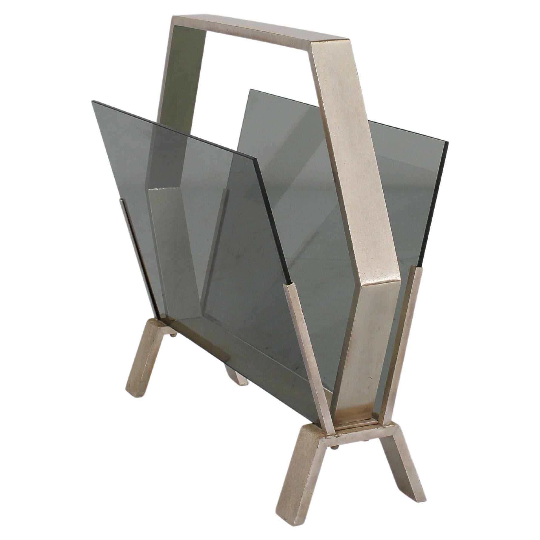 Midcentury Nickel-Plated Brass and Smoked Glass Magazine Rack, Italy, 1960s