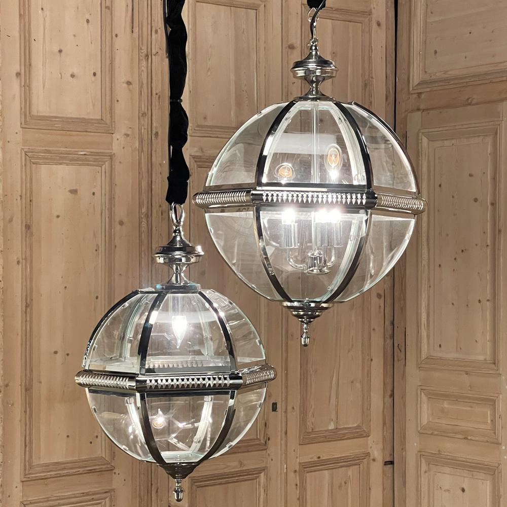 Mid-century nickel-plated orb pendant chandelier is beautifully crafted and glazed, and emanates light in all directions for a wonderful effect. If you act fast, a matching slightly smaller companion is available!
Circa 1970s
Measures 31