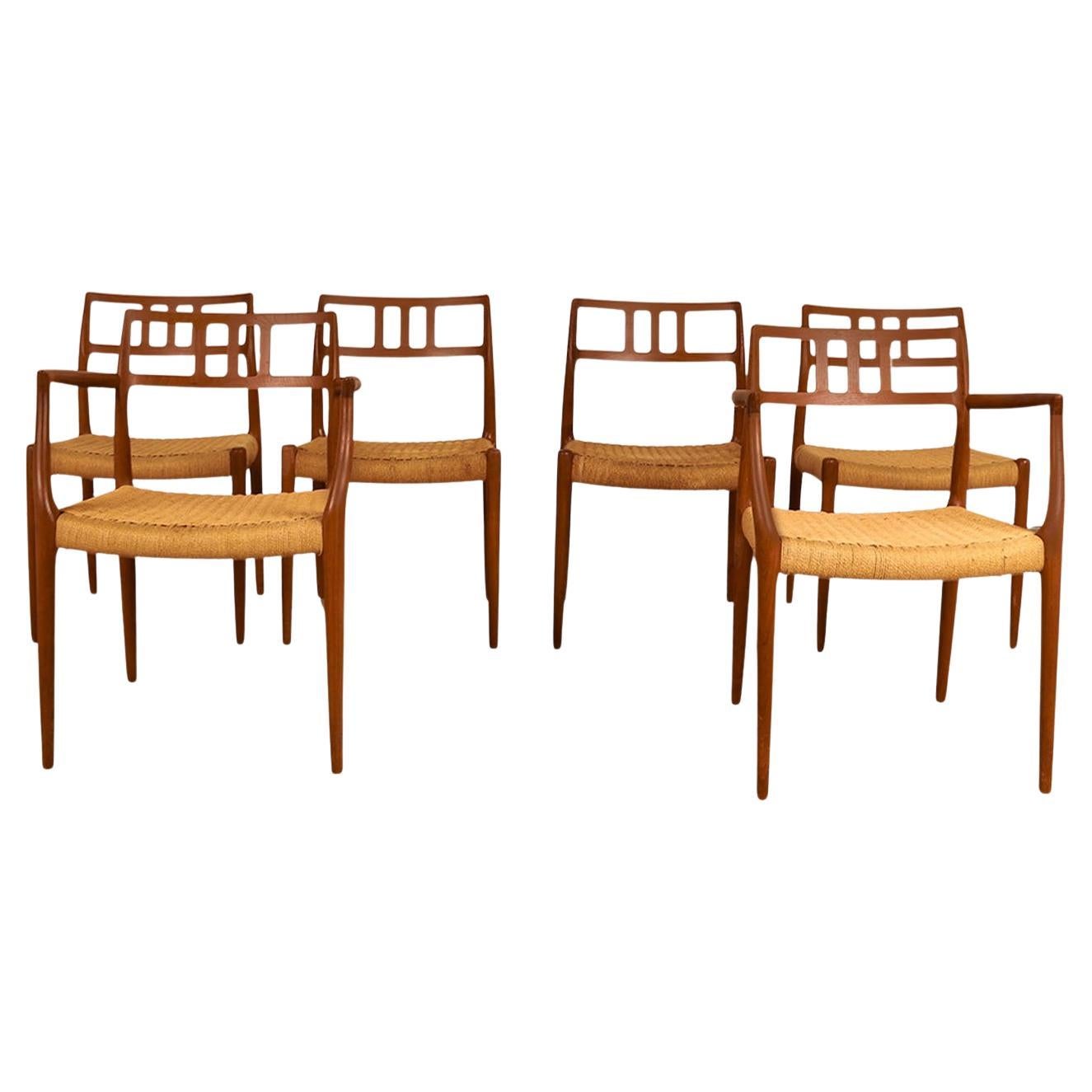 Mid Century Niels Moller Teak Dining Chairs 2 Arm 4 Side #64 #79 en venta