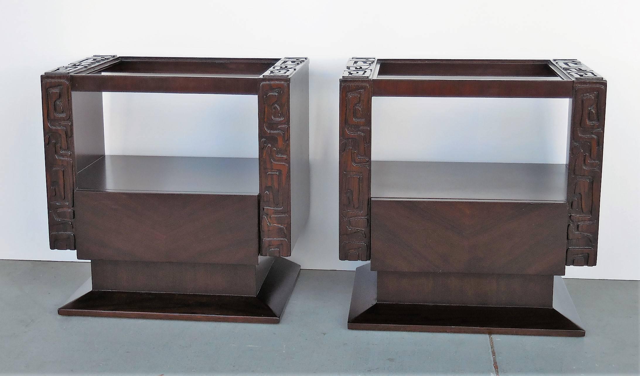 American Midcentury Nightstands Bedside Tables with Abstract Carving, a Pair