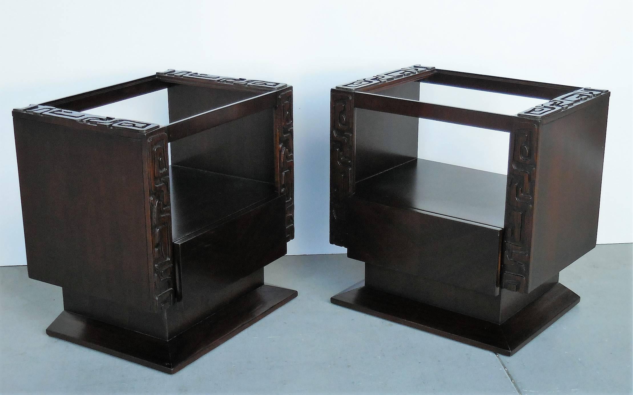 Late 20th Century Midcentury Nightstands Bedside Tables with Abstract Carving, a Pair