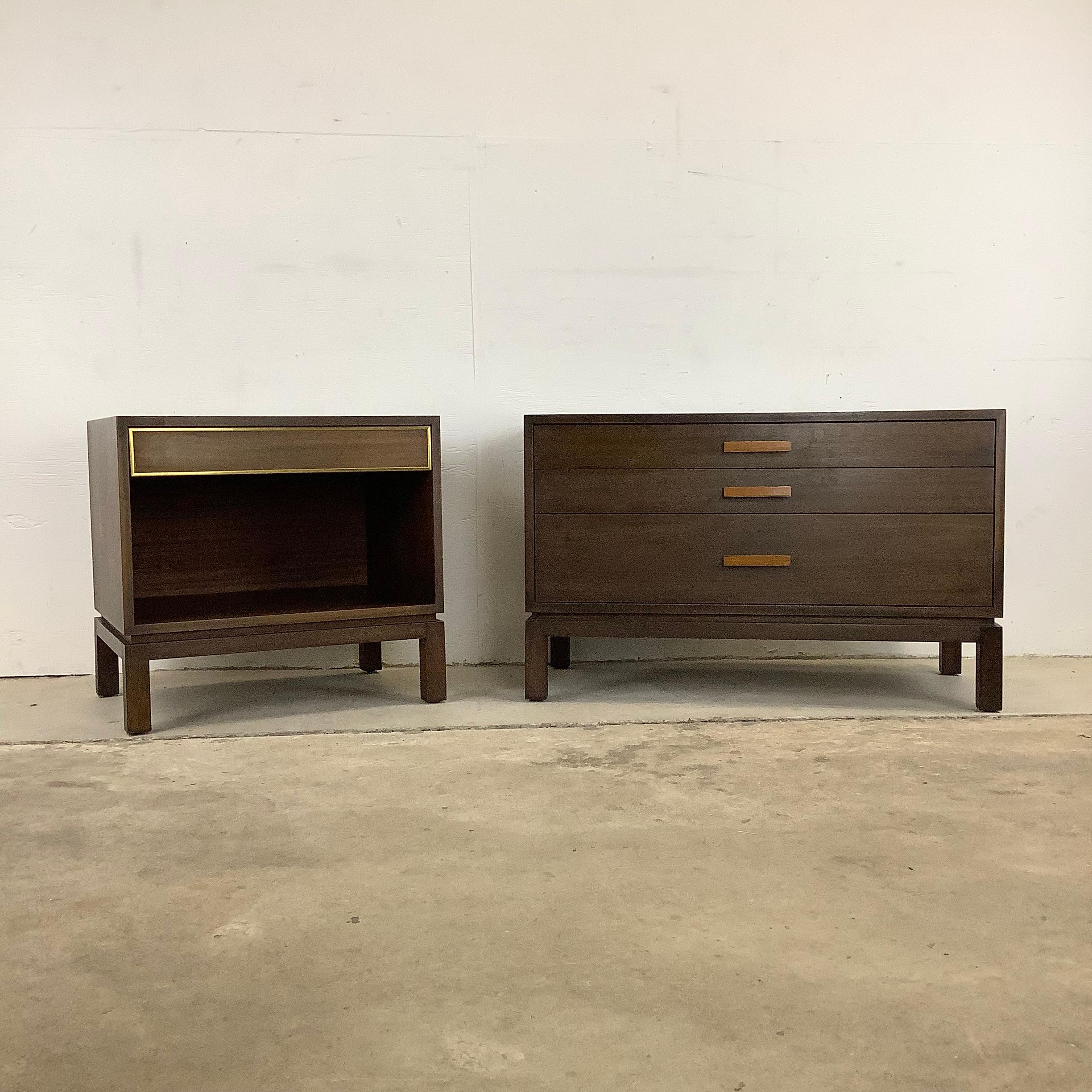 This stunning pair of Harvey Probber side tables make for unique nightstands- one with three wide storage drawers, the second with lower cabinet space and top drawer- ideal mix of storage and side table space. The incredible craftsmanship, wood