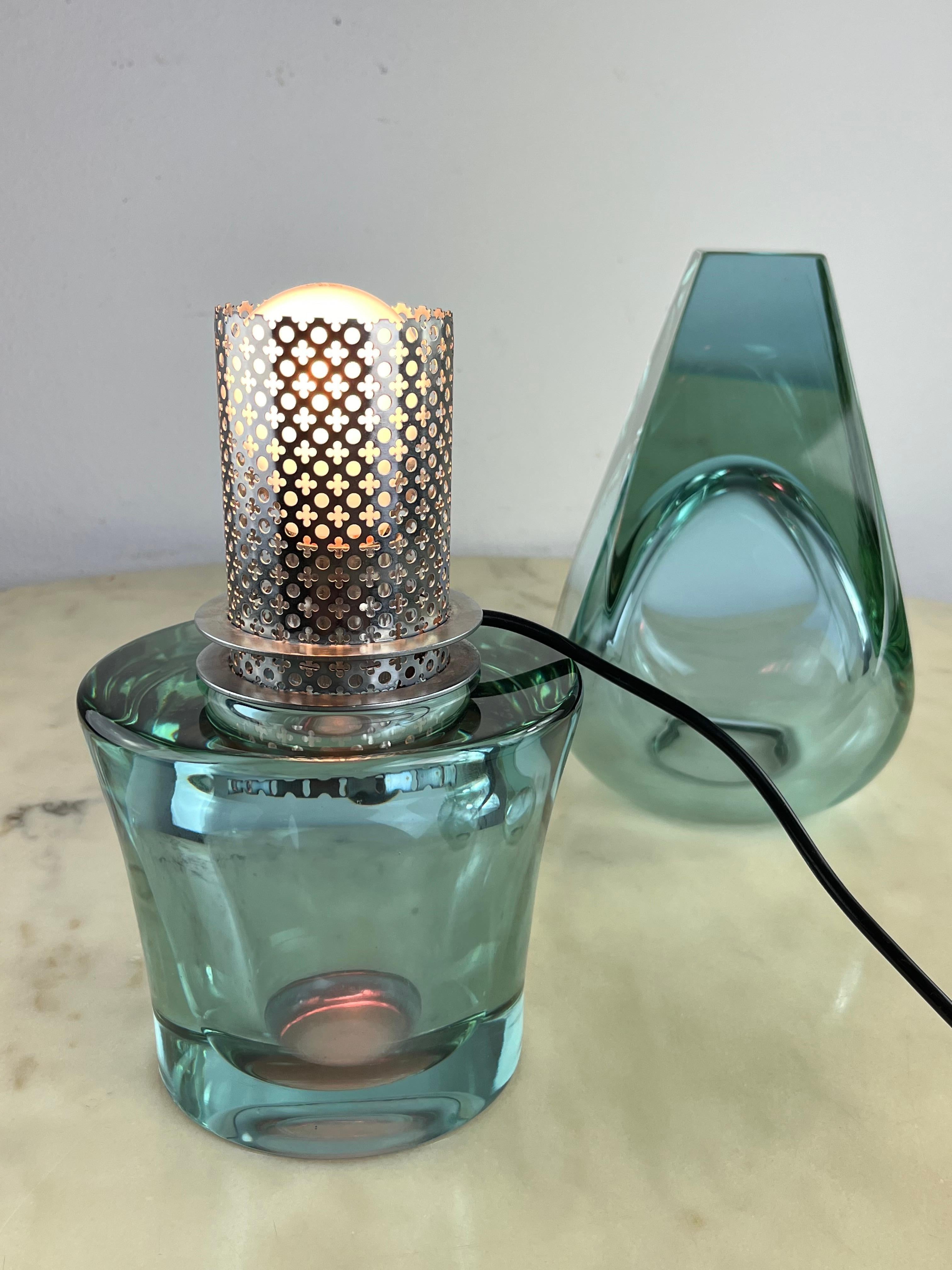 Metal Mid-Century Nile Green Murano Glass Table Lamp Attributed To Seguso 1972 For Sale