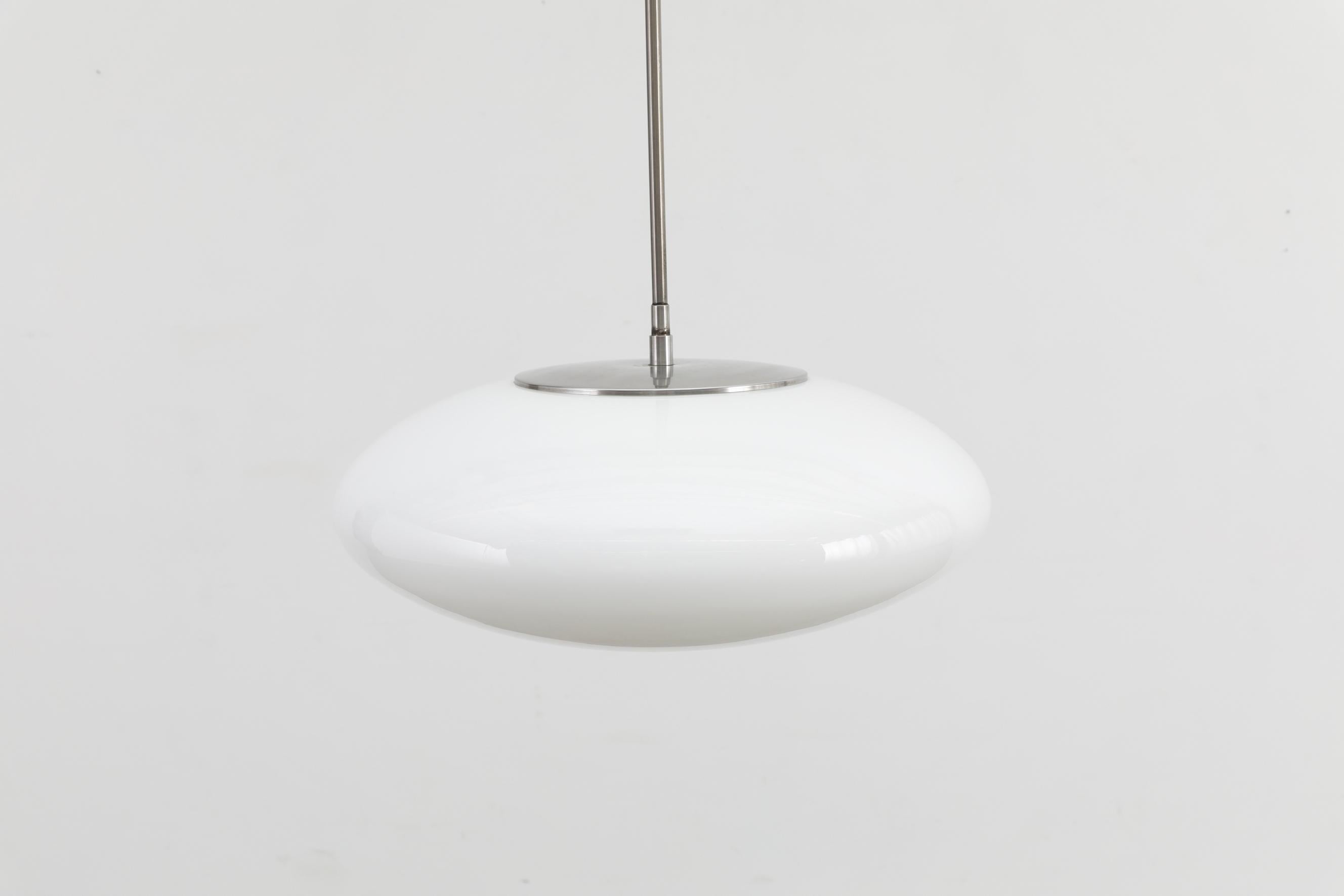 Mid-Century Nils Jonsson Opaline Glass UFO Pendants With Long Steel Stems In Good Condition For Sale In Los Angeles, CA