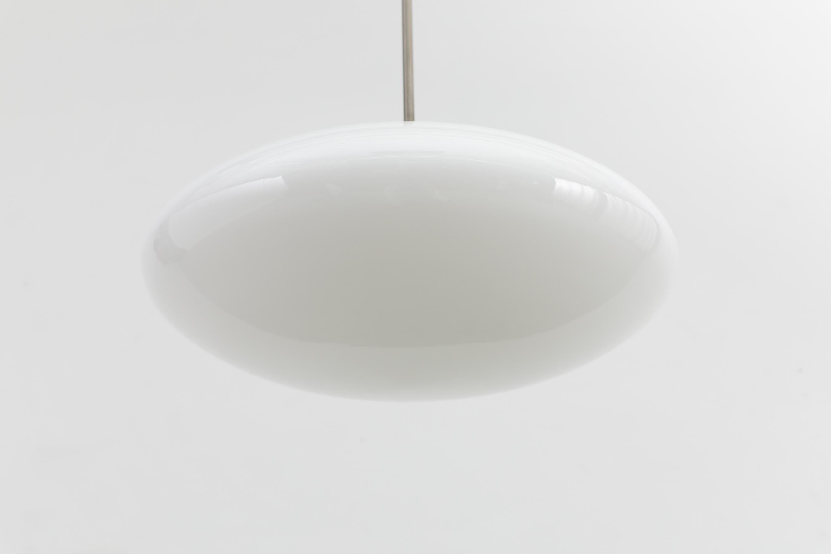 Milk Glass Mid-Century Nils Jonsson Opaline Glass UFO Pendants With Long Steel Stems For Sale