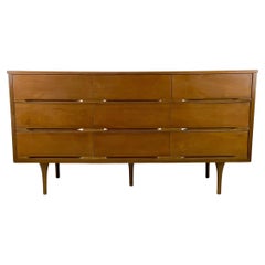 Vintage Mid-Century Nine-Drawer Walnut Dresser with Carved Handles