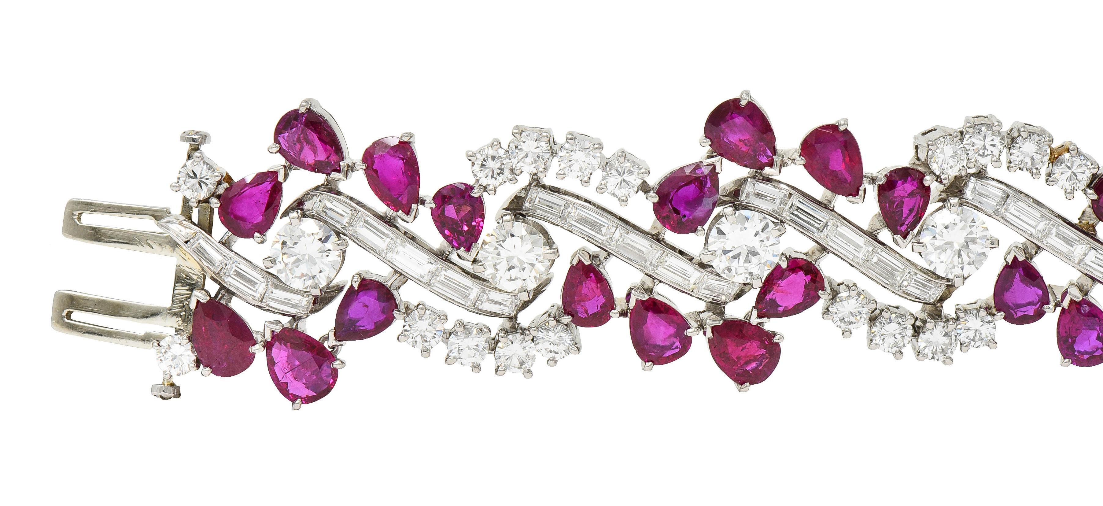 Mid-Century No Heat Burma Ruby Diamond Platinum Vintage Twist Line Bracelet For Sale 1